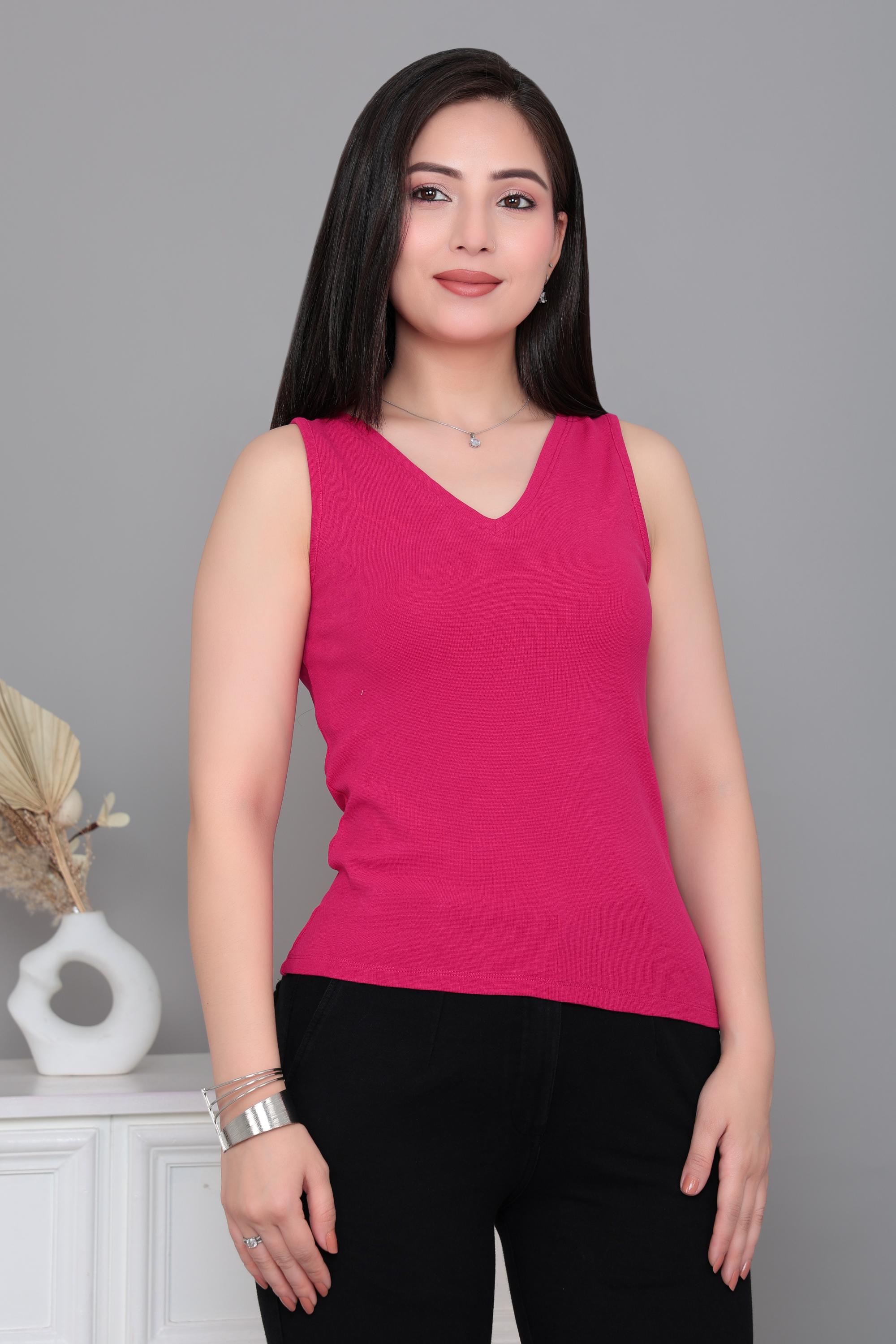 Fuchsia rib v-neck vest  [ 280 GSM non transparent fabric ]