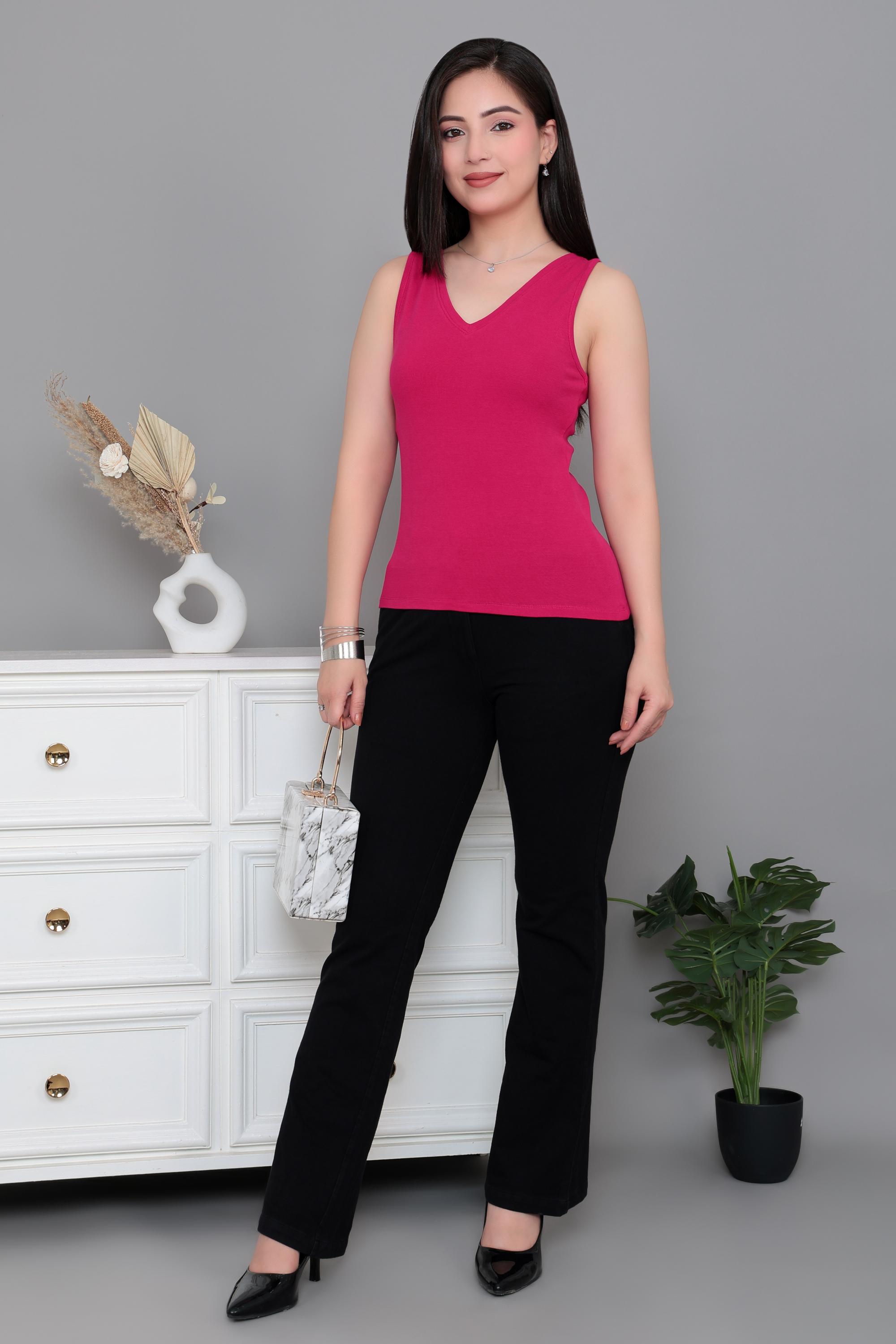 Fuchsia rib v-neck vest  [ 280 GSM non transparent fabric ]