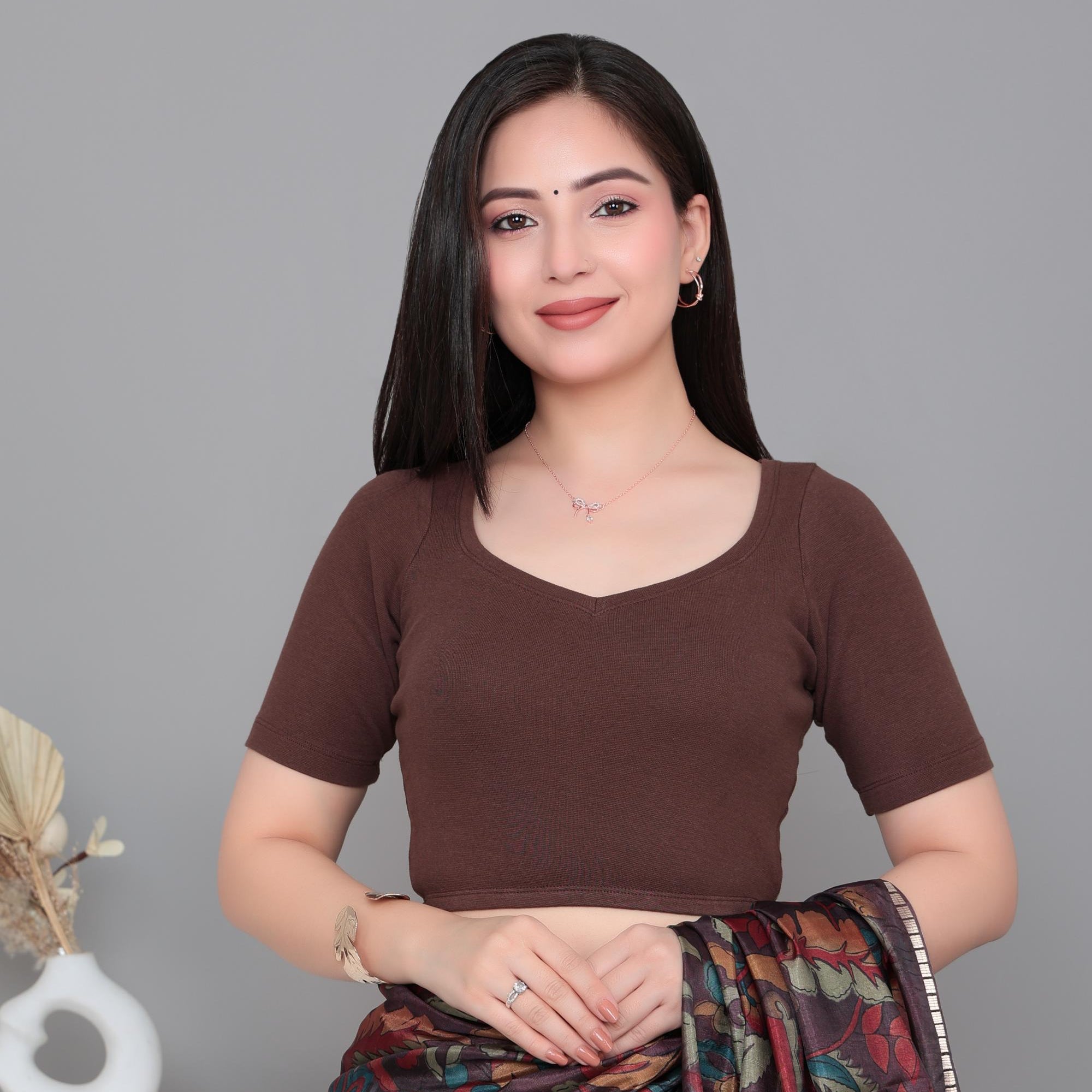 Coffee Rib Sweet Heart Neck Half Sleeve Blouse [ 100% USA HQ Cotton, 280 GSM non transparent fabric ]