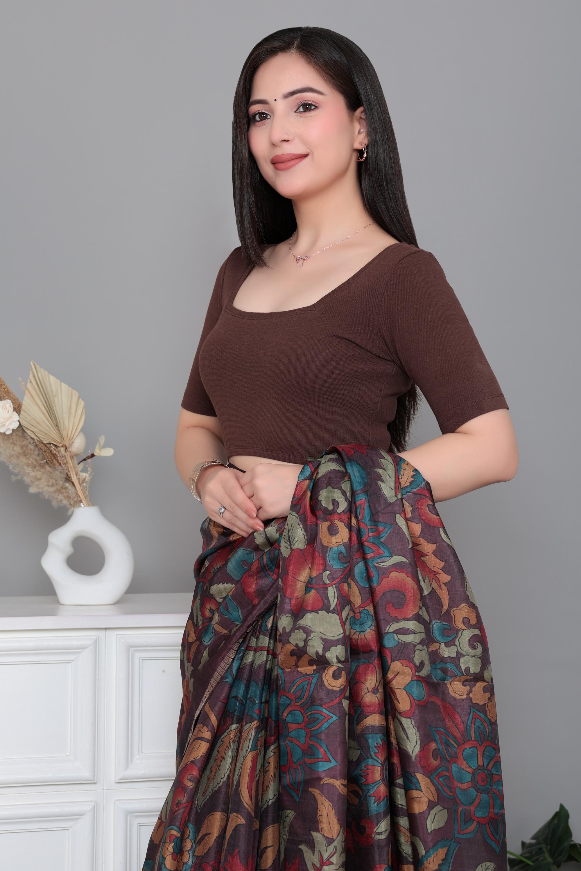 Coffee Rib Square Neck Half Sleeve Blouse [ 100% USA HQ Cotton, 280 GSM non transparent fabric ]