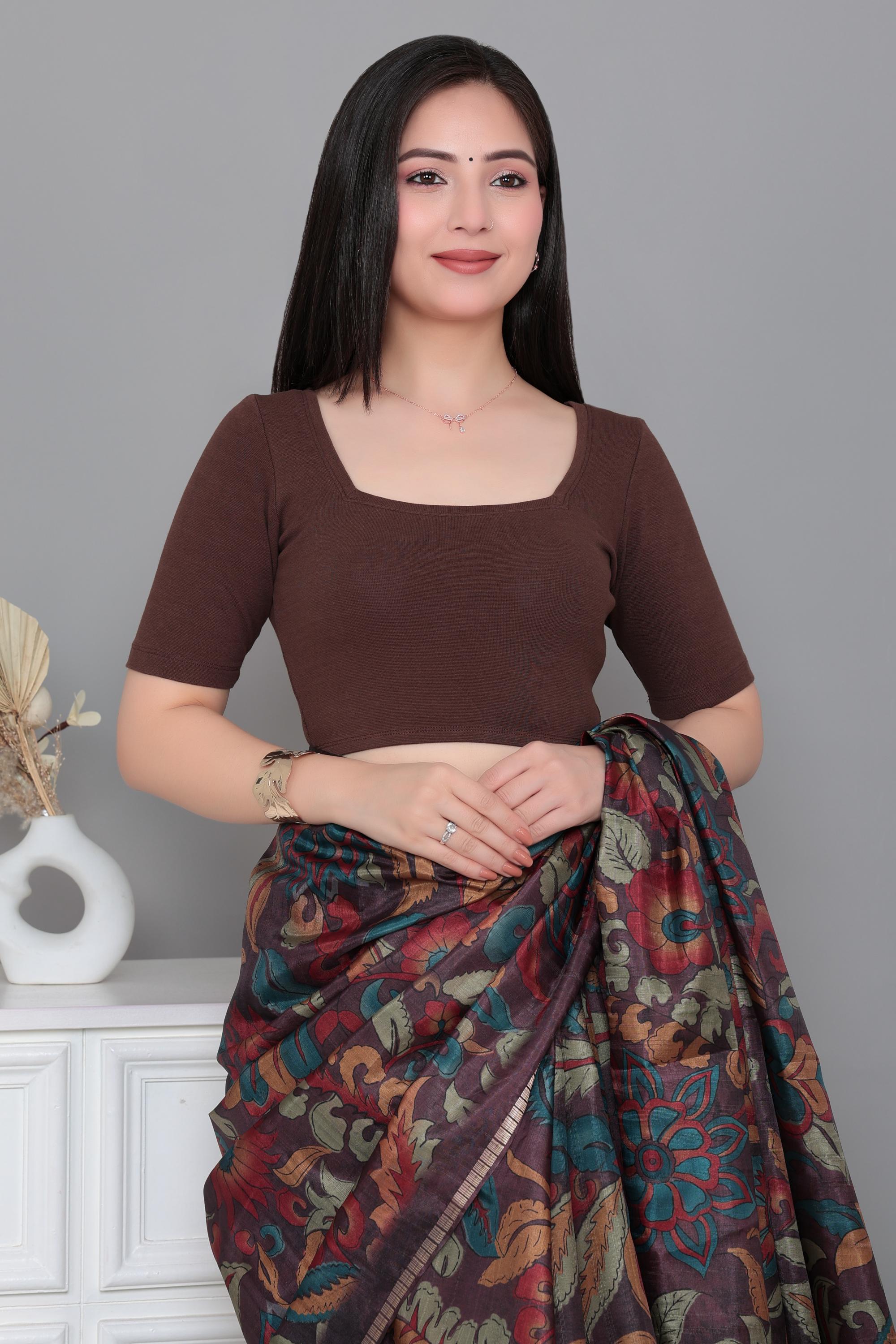 Coffee Rib Square Neck Half Sleeve Blouse [ 100% USA HQ Cotton, 280 GSM non transparent fabric ]
