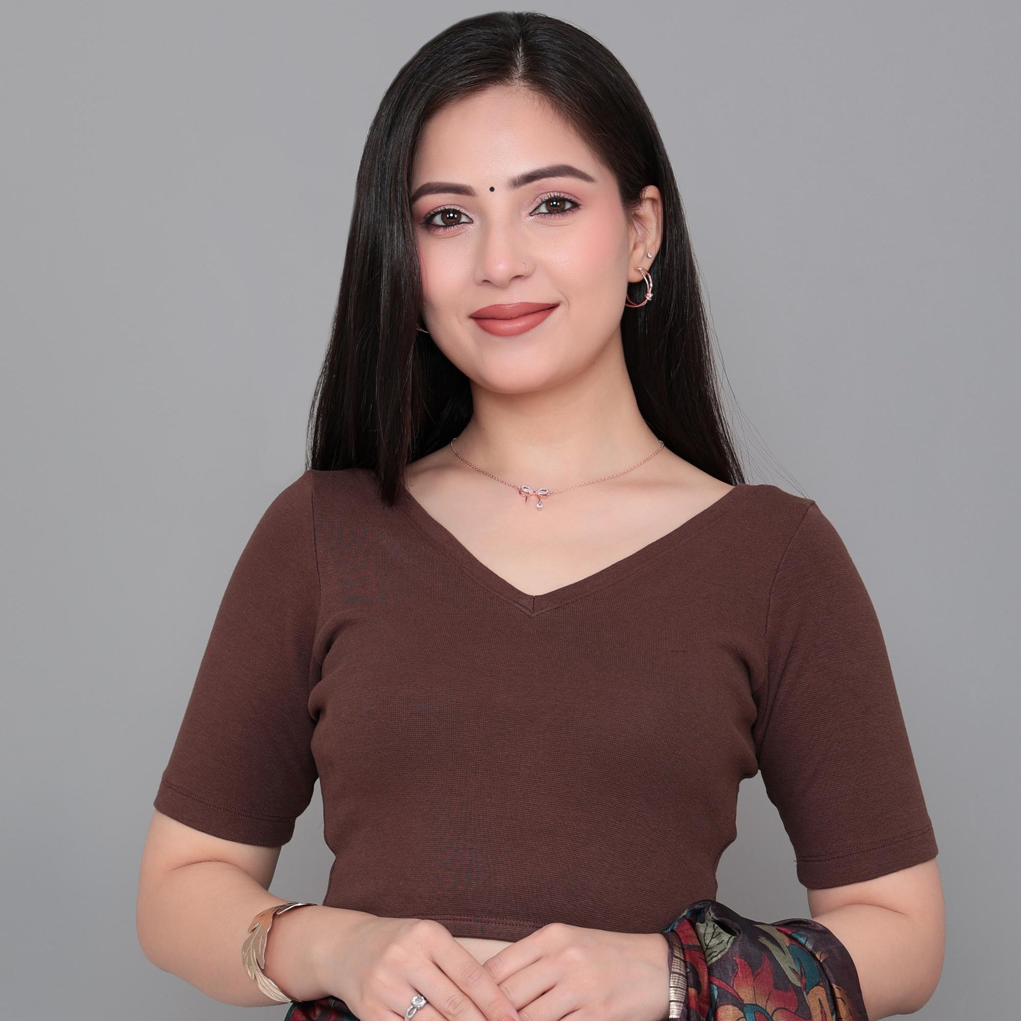Coffee Rib V Neck Half Sleeve Blouse [ 100% USA HQ Cotton, 280 GSM non transparent fabric ]