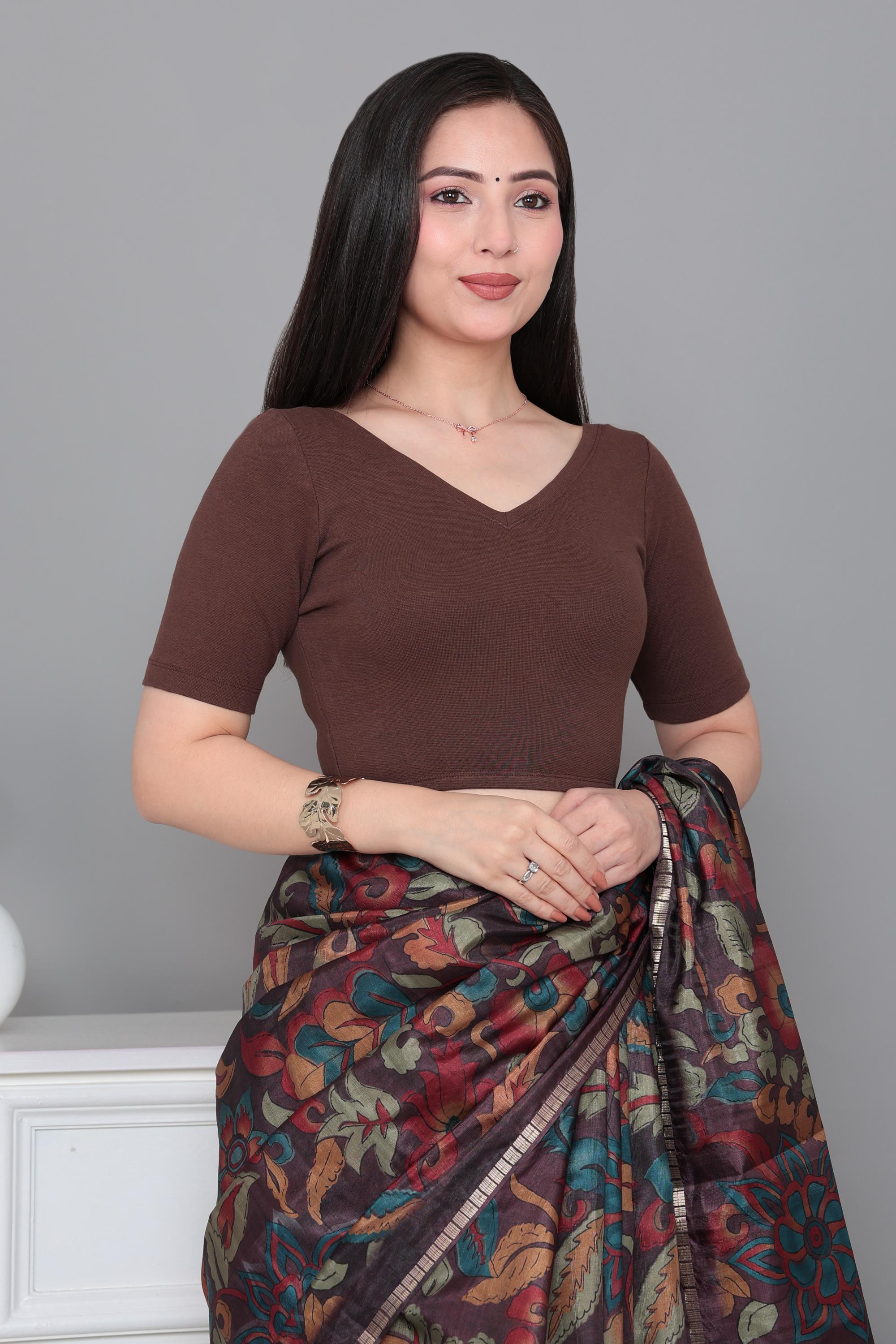 Coffee Rib V Neck Half Sleeve Blouse [ 100% USA HQ Cotton, 280 GSM non transparent fabric ]