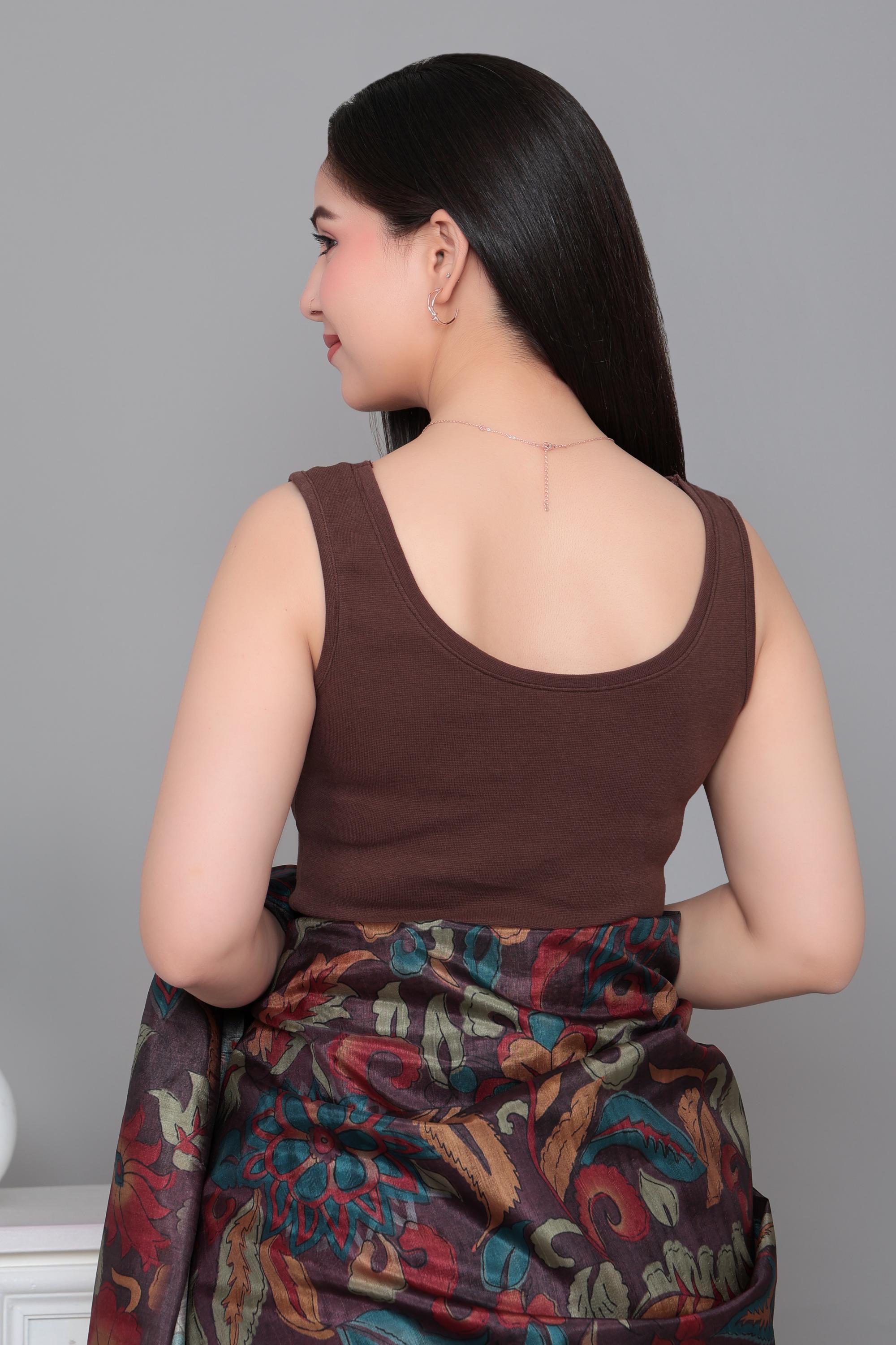Coffee Rib V Neck Sleeveless Blouse [ 100% USA HQ Cotton, 280 GSM non transparent fabric ]