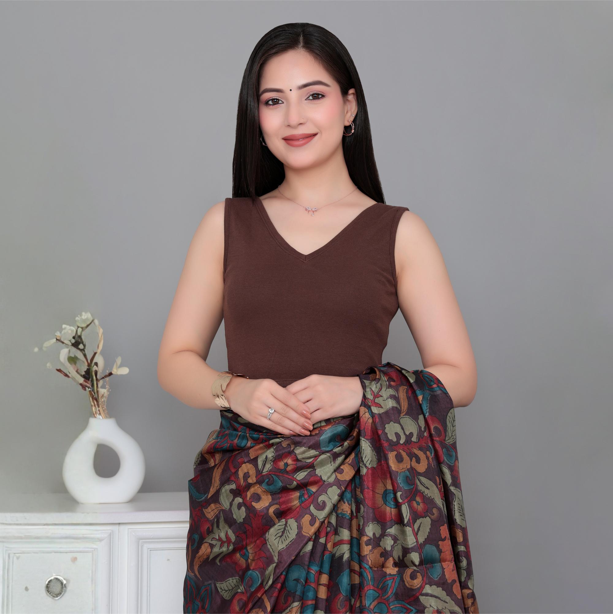 Coffee Rib V Neck Sleeveless Blouse [ 100% USA HQ Cotton, 280 GSM non transparent fabric ]