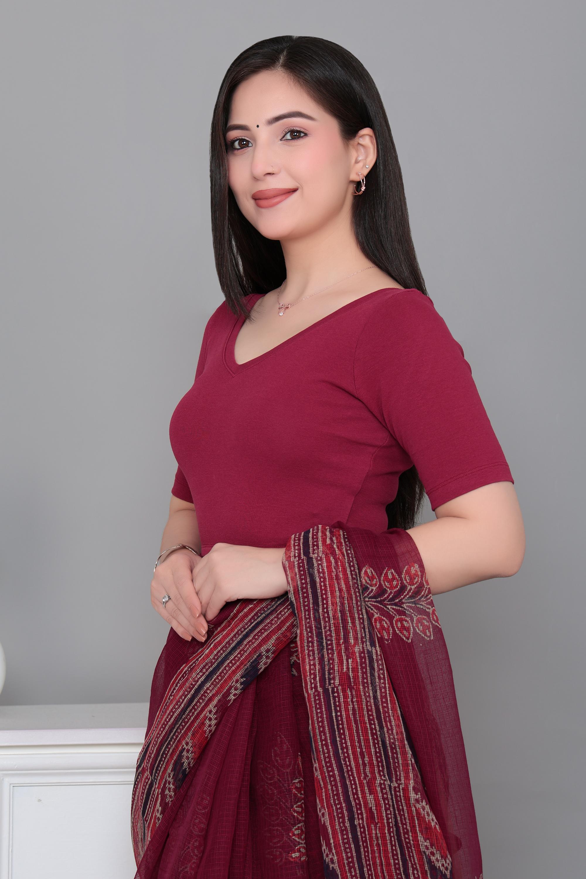 Dark rose Rib V Neck Half Sleeve Blouse [ 100% USA HQ Cotton, 280 GSM non transparent fabric ]