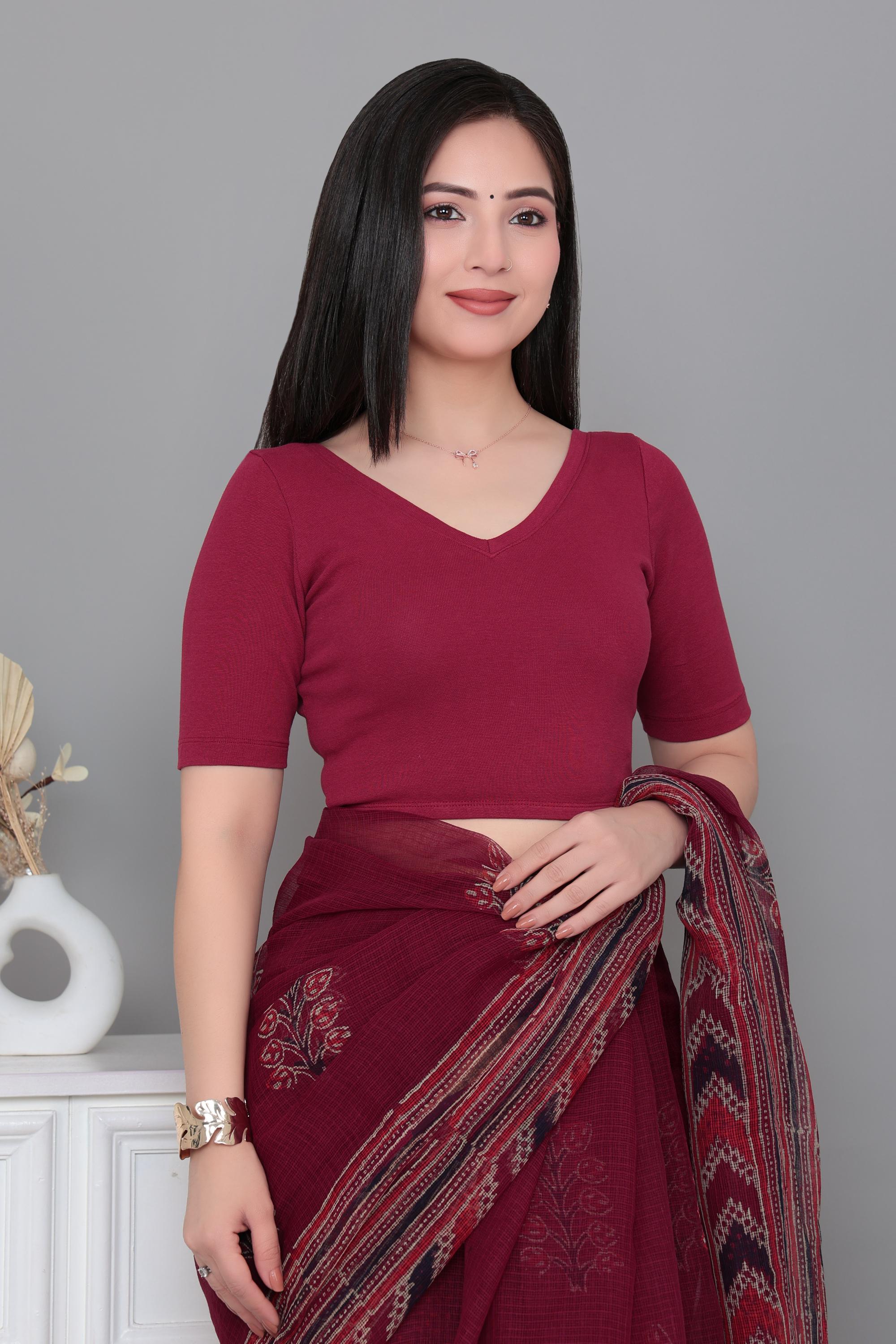 Dark rose Rib V Neck Half Sleeve Blouse [ 100% USA HQ Cotton, 280 GSM non transparent fabric ]
