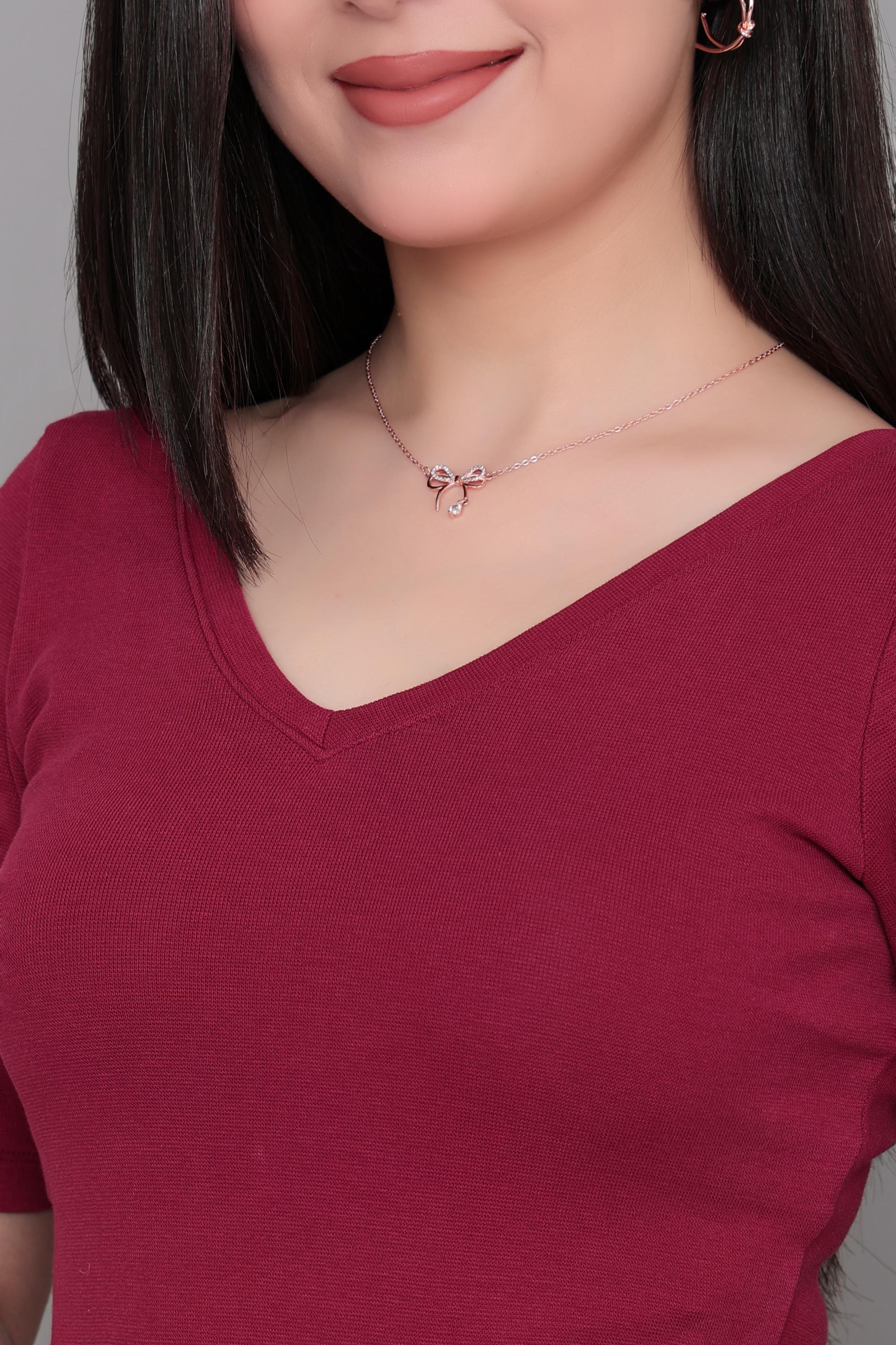 Dark rose Rib V Neck Half Sleeve Blouse [ 100% USA HQ Cotton, 280 GSM non transparent fabric ]