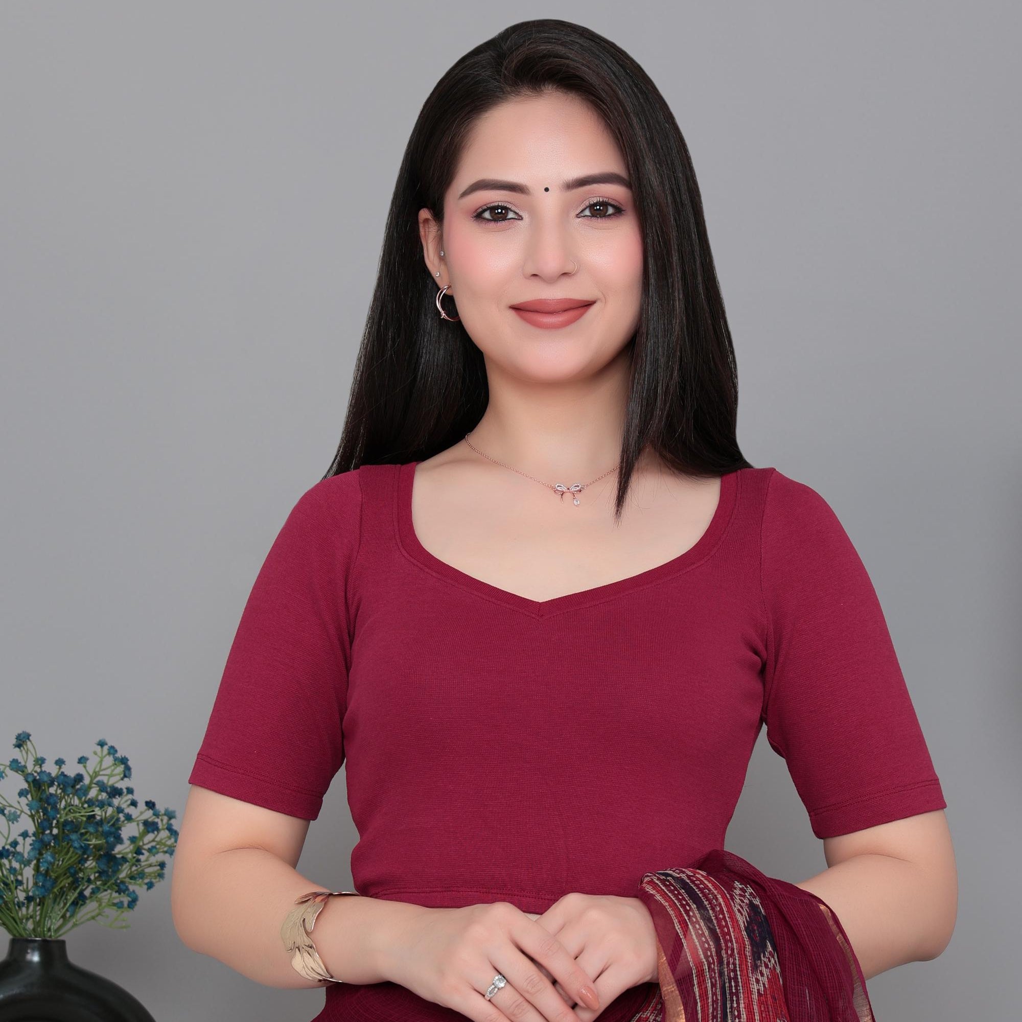 Dark rose Rib Sweet Heart Neck Half Sleeve Blouse [ 100% USA HQ Cotton, 280 GSM non transparent fabric ]