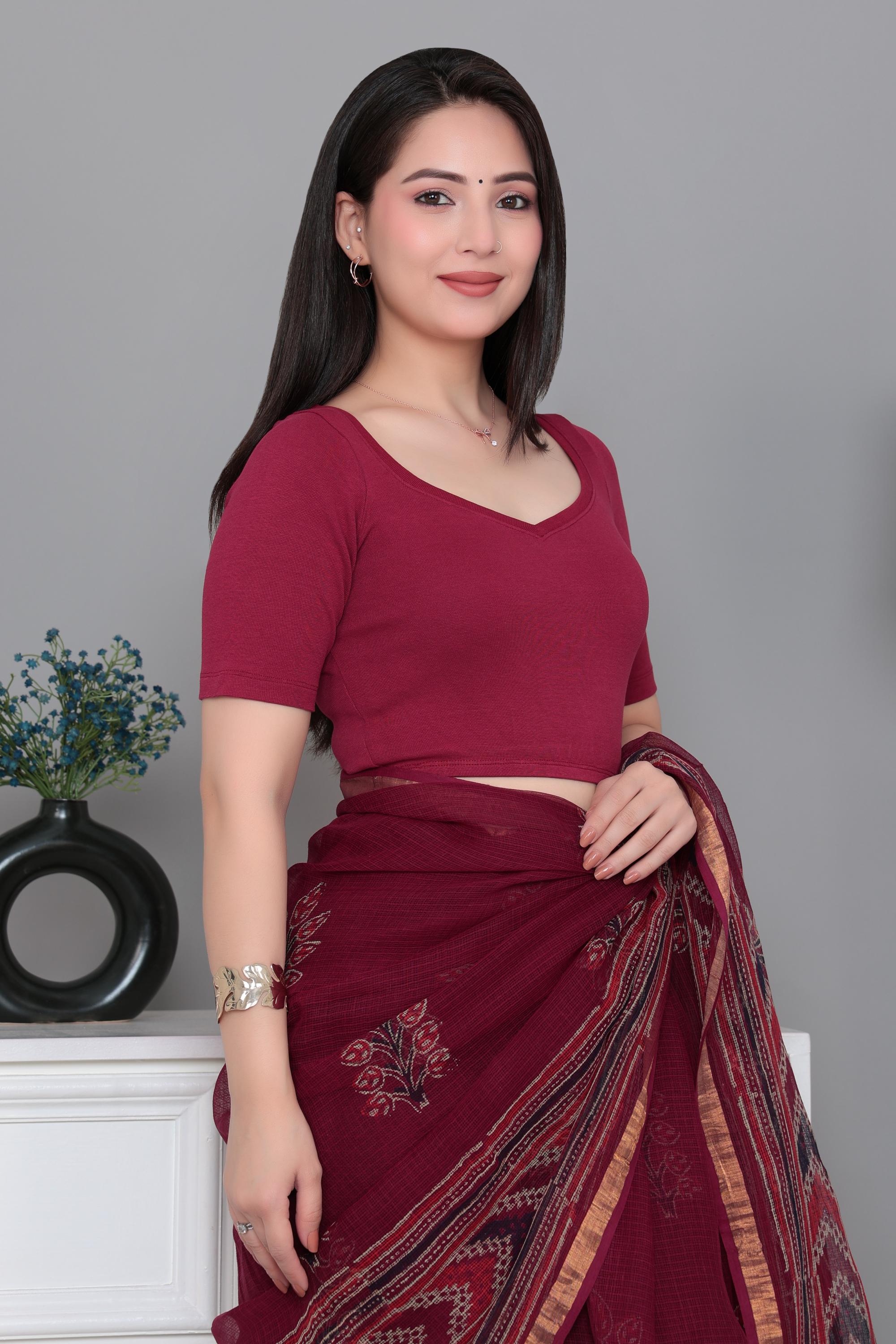 Dark rose Rib Sweet Heart Neck Half Sleeve Blouse [ 100% USA HQ Cotton, 280 GSM non transparent fabric ]