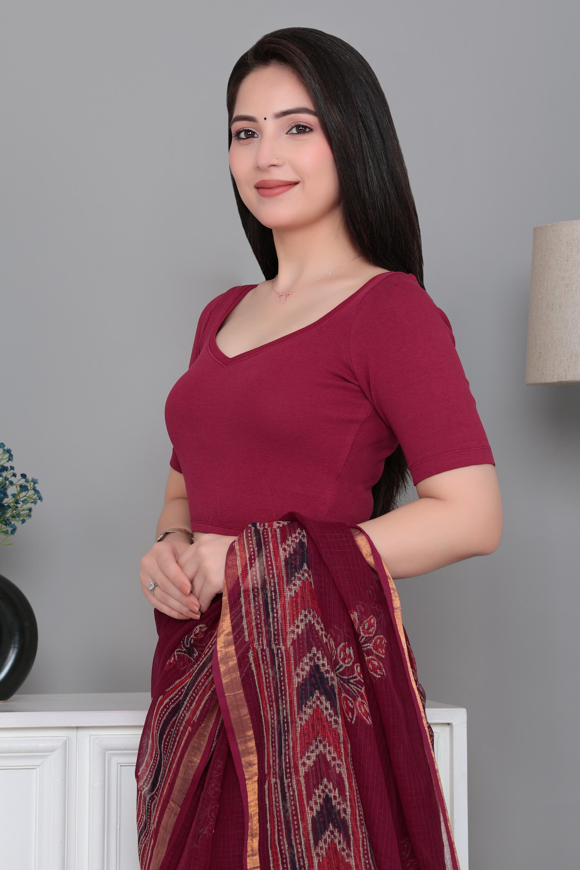 Dark rose Rib Sweet Heart Neck Half Sleeve Blouse [ 100% USA HQ Cotton, 280 GSM non transparent fabric ]