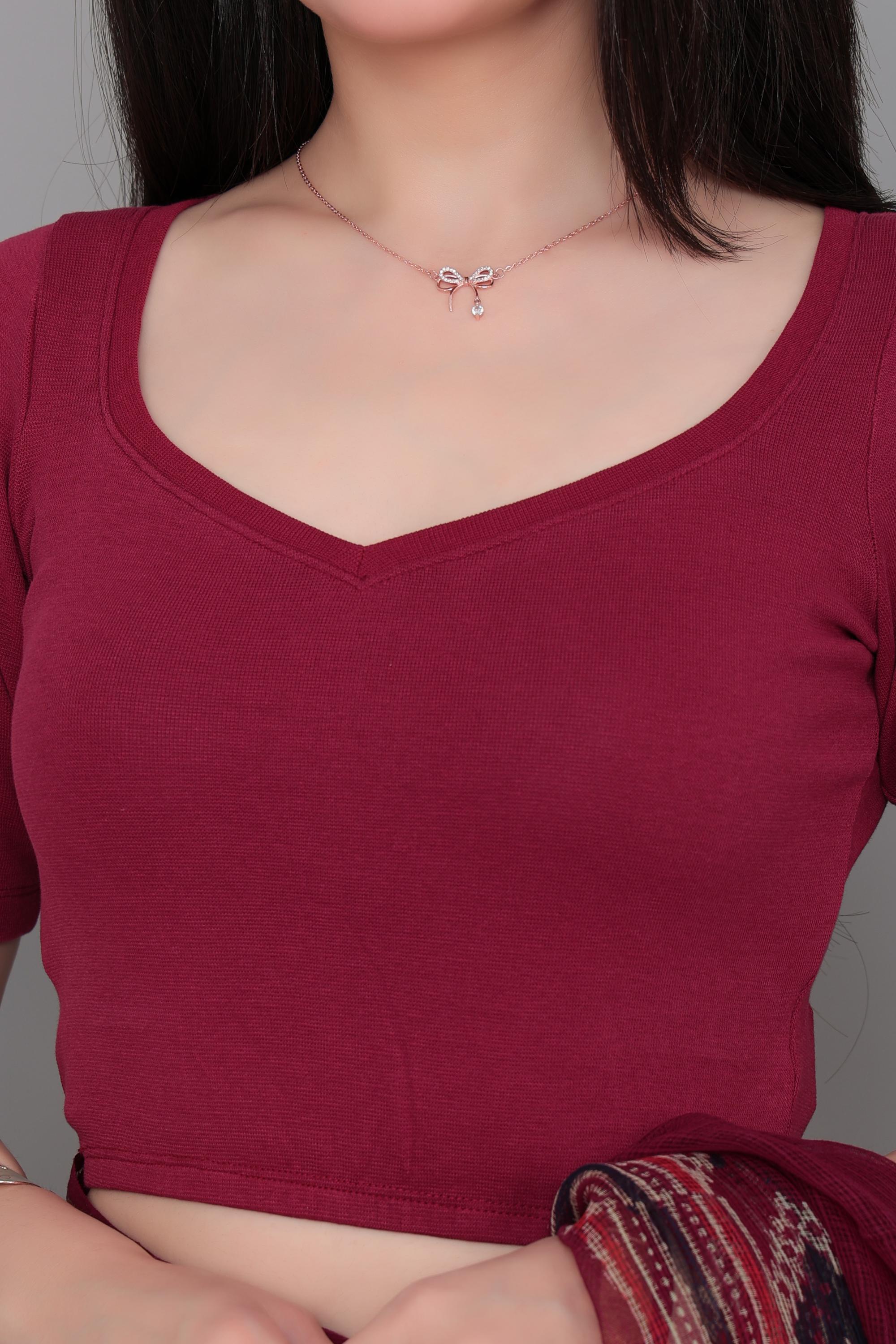 Dark rose Rib Sweet Heart Neck Half Sleeve Blouse [ 100% USA HQ Cotton, 280 GSM non transparent fabric ]