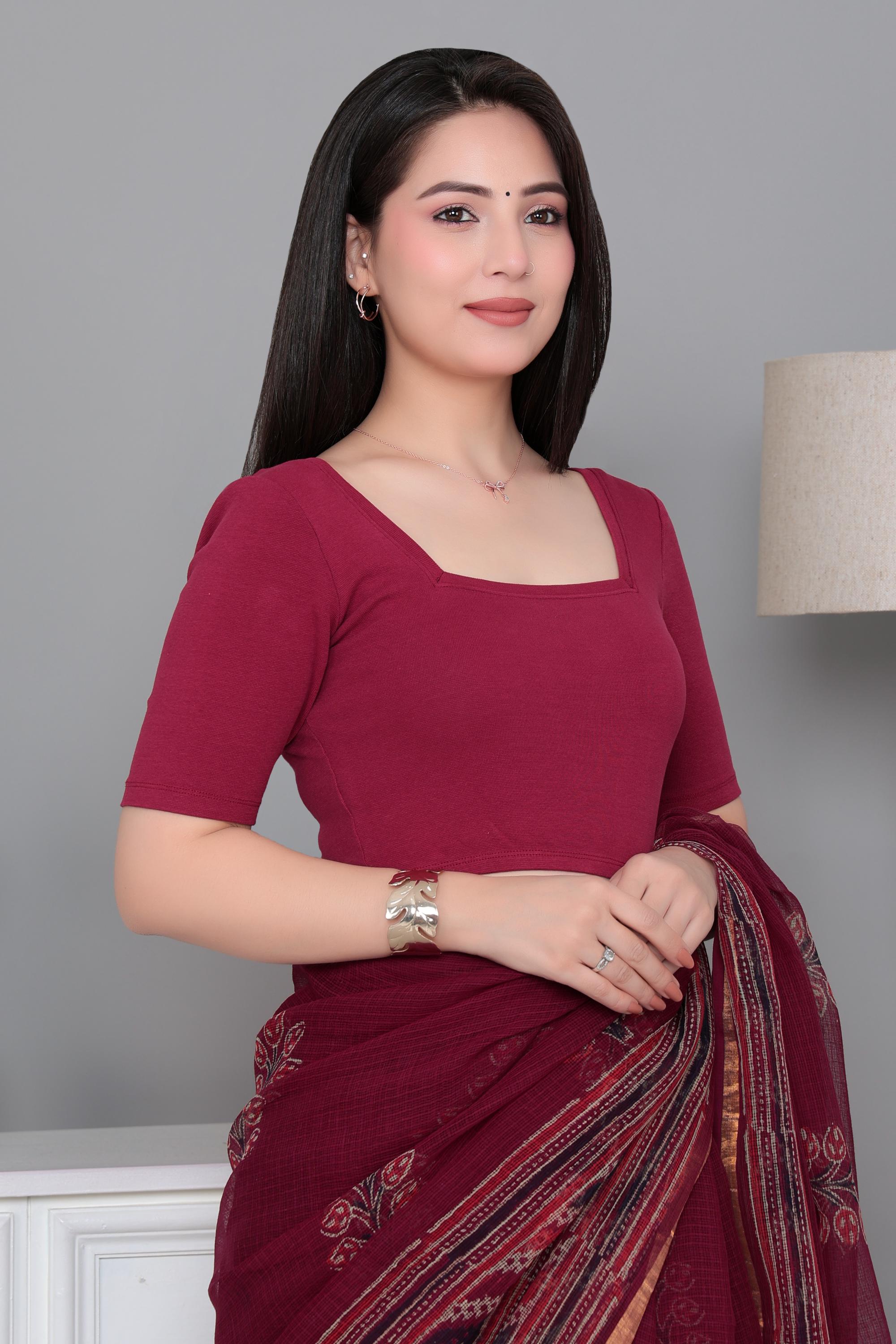 Dark Rose Rib Square Neck Half Sleeve Blouse [ 100% USA HQ Cotton, 280 GSM non transparent fabric ]