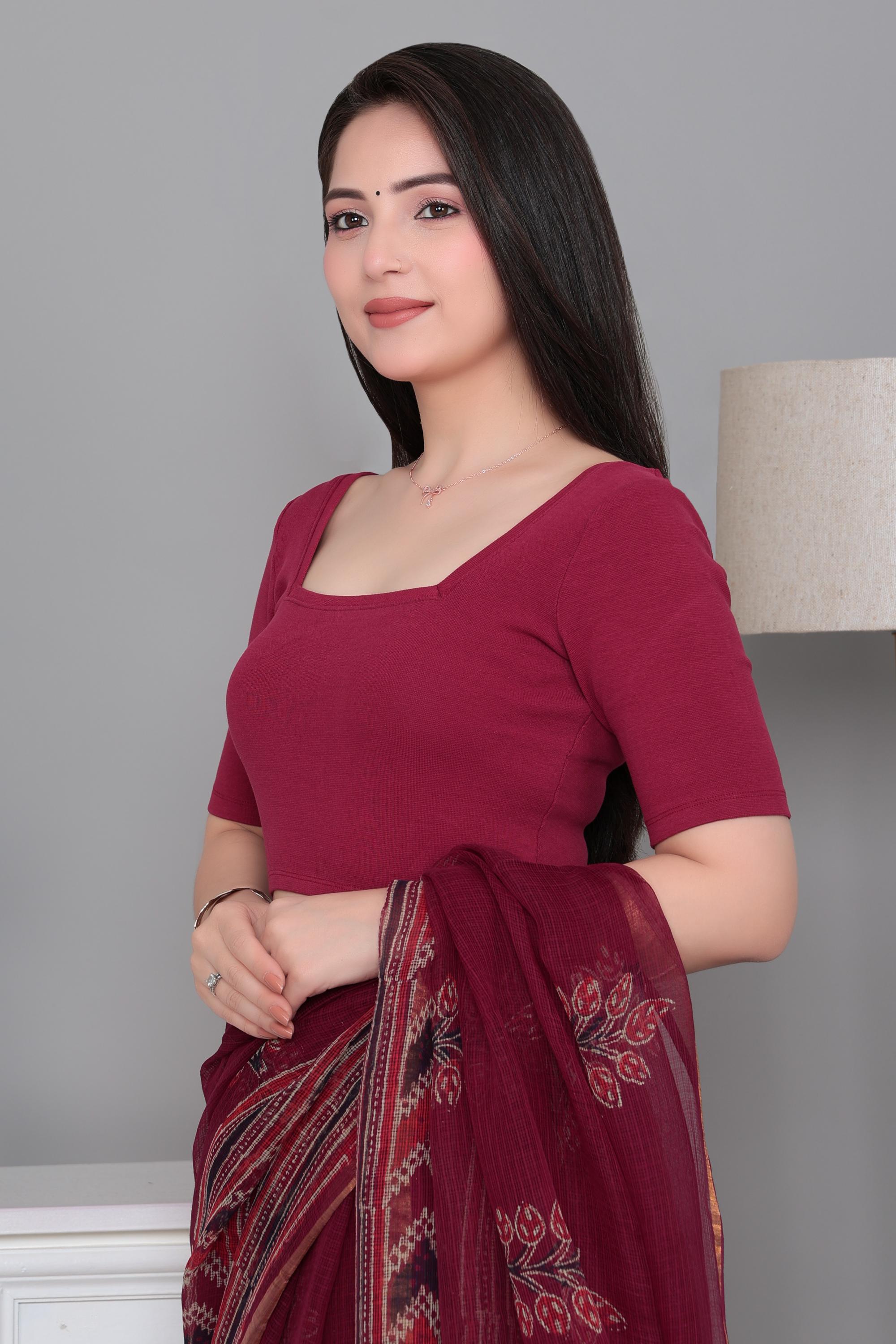Dark Rose Rib Square Neck Half Sleeve Blouse [ 100% USA HQ Cotton, 280 GSM non transparent fabric ]