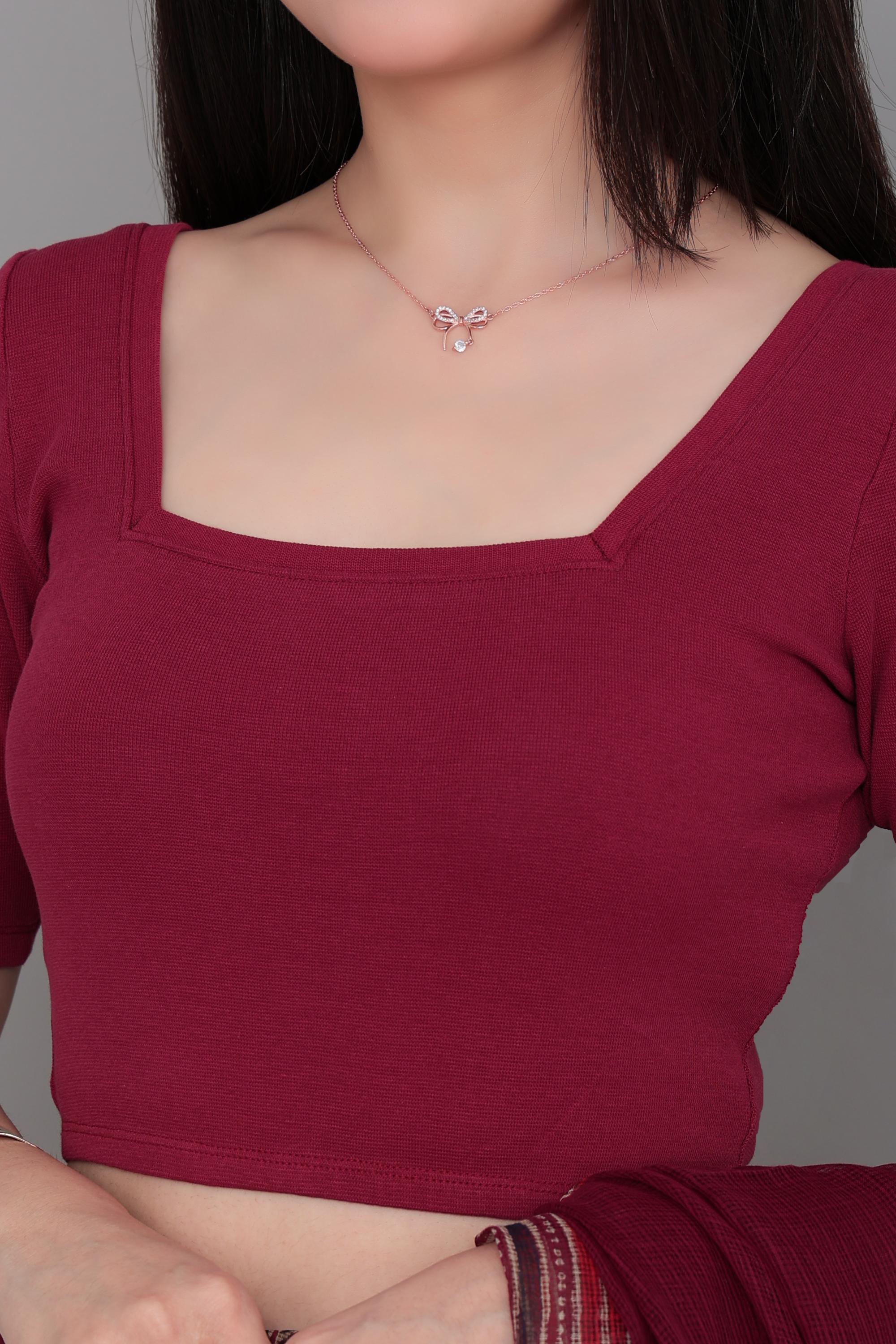 Dark Rose Rib Square Neck Half Sleeve Blouse [ 100% USA HQ Cotton, 280 GSM non transparent fabric ]