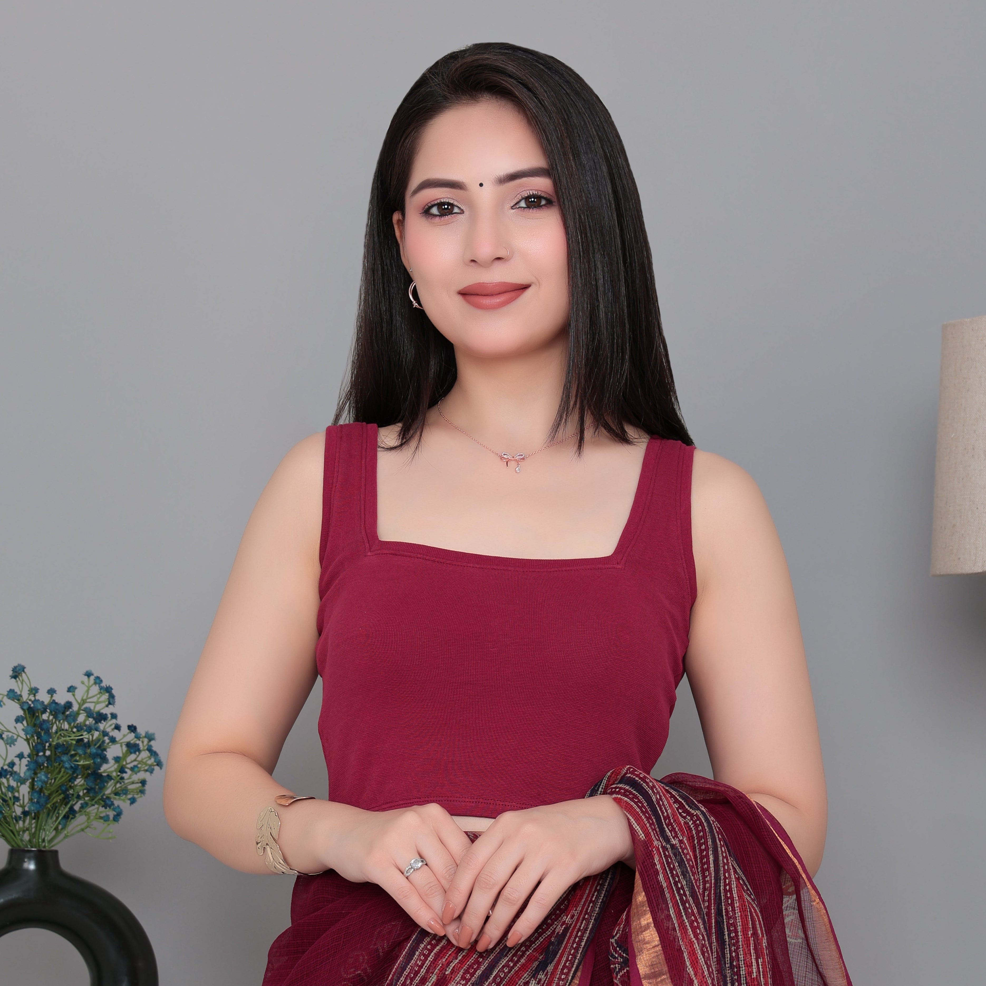 Dark rose Rib Square Neck Sleeveless Blouse [ 100% USA HQ Cotton, 280 GSM non transparent fabric ]