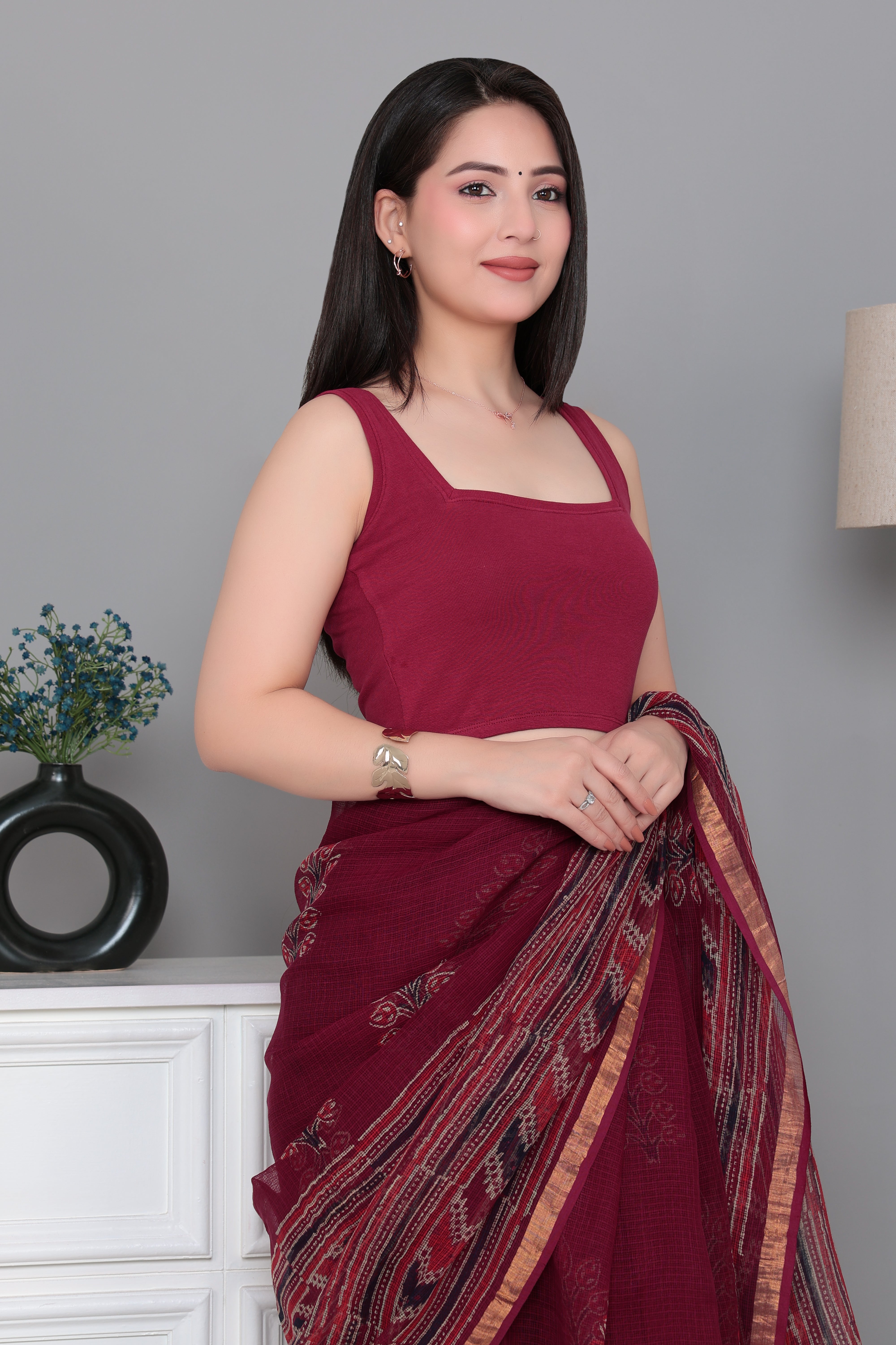 Dark rose Rib Square Neck Sleeveless Blouse [ 100% USA HQ Cotton, 280 GSM non transparent fabric ]