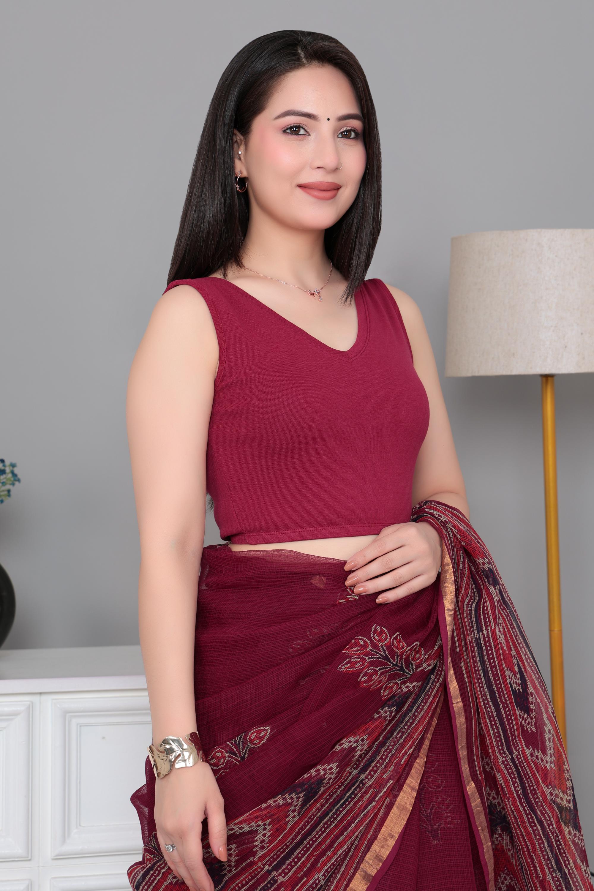 Dark rose Rib V Neck Sleeveless Blouse [ 100% USA HQ Cotton, 280 GSM non transparent fabric ]