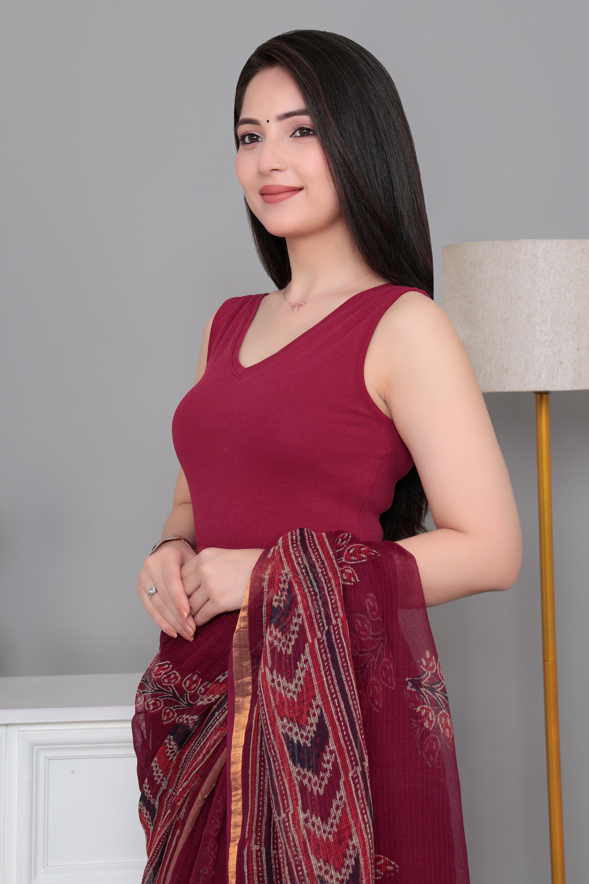 Dark rose Rib V Neck Sleeveless Blouse [ 100% USA HQ Cotton, 280 GSM non transparent fabric ]
