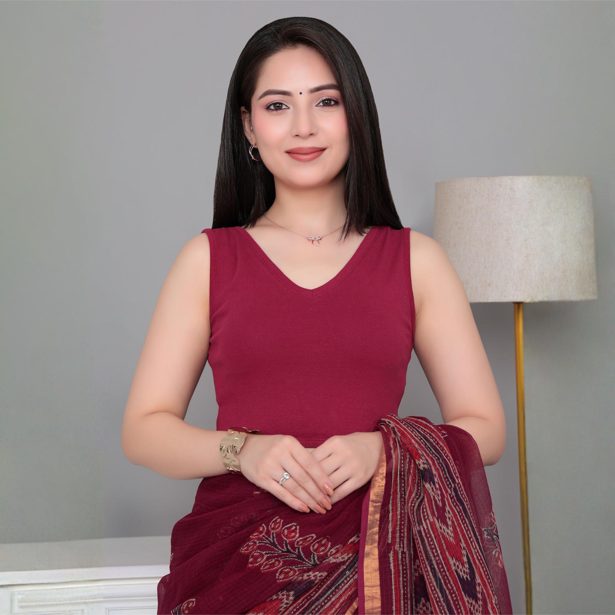 Dark rose Rib V Neck Sleeveless Blouse [ 100% USA HQ Cotton, 280 GSM non transparent fabric ]