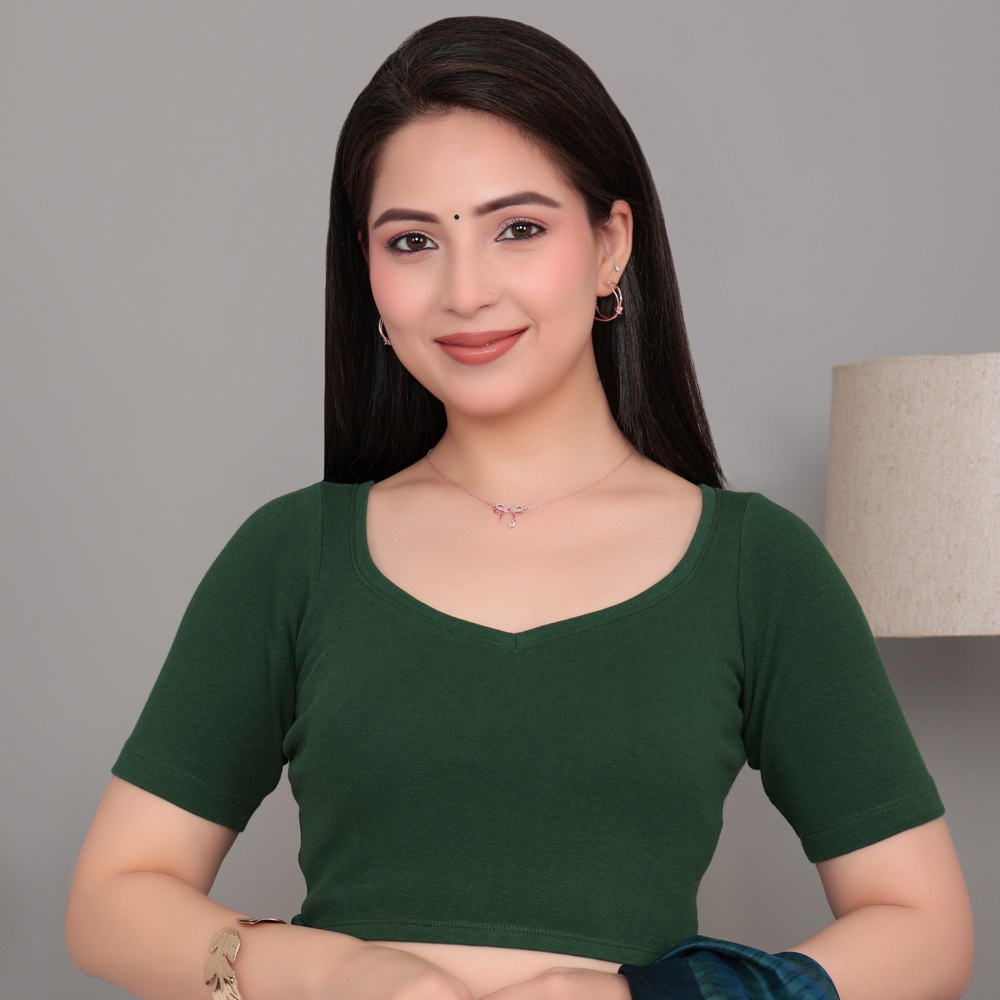 Bottle green Rib Sweet Heart Neck Half Sleeve Blouse [ 100% USA HQ Cotton, 280 GSM non transparent fabric ]