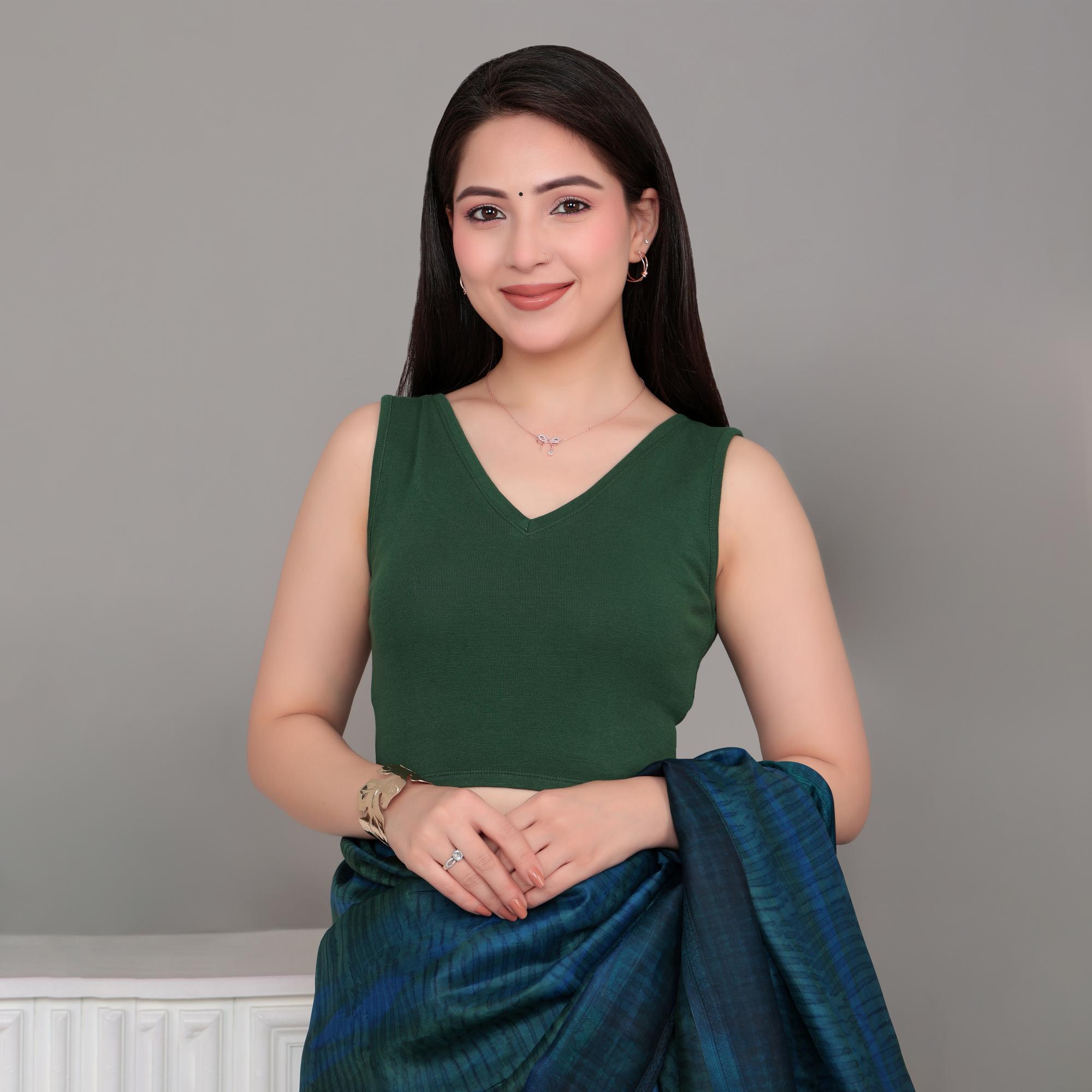 Bottlegreen Rib V Neck Sleeveless Blouse [ 100% USA HQ Cotton, 280 GSM non transparent fabric ]