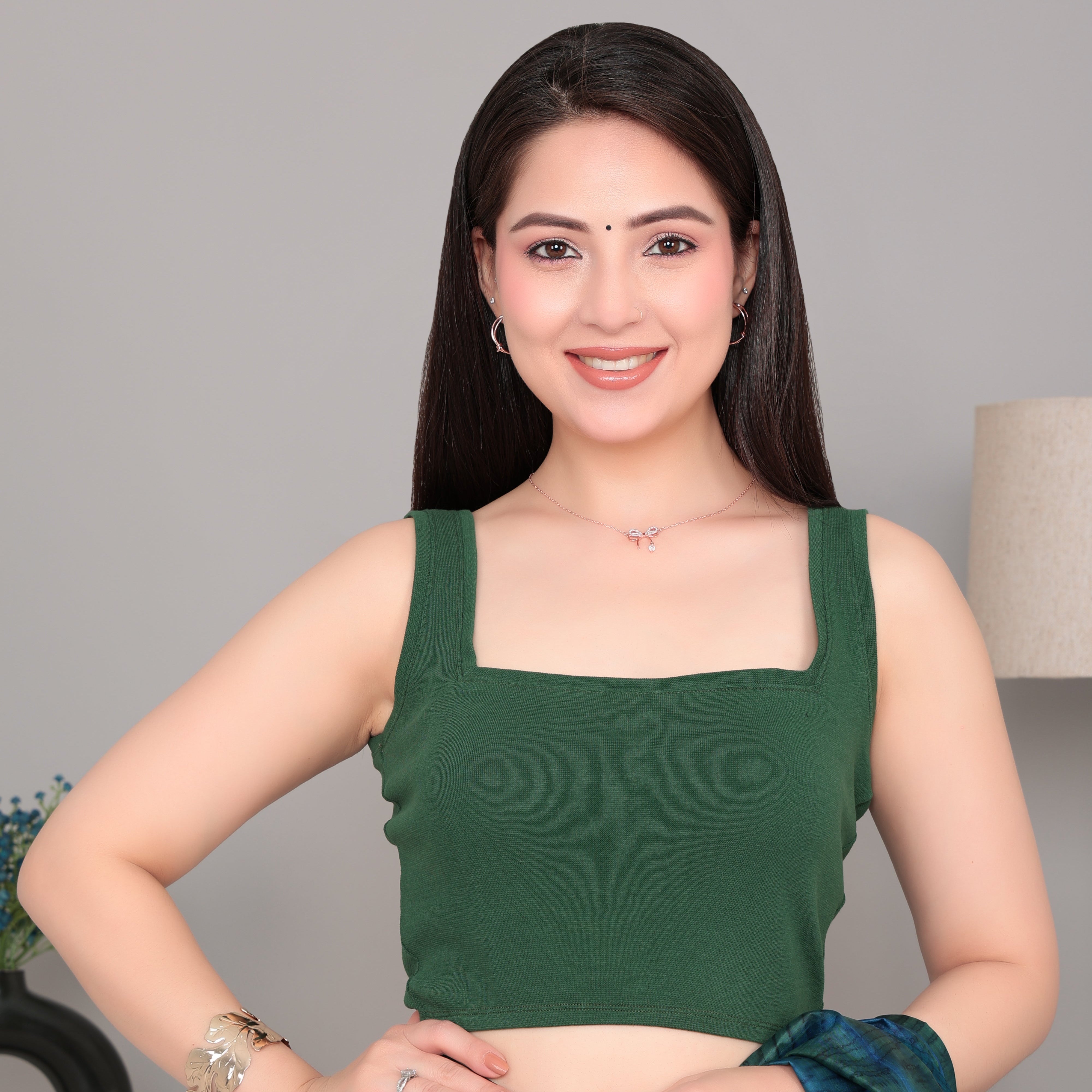 Bottlle Green Rib Square Neck Sleeveless Blouse [ 100% USA HQ Cotton, 280 GSM non transparent fabric ]