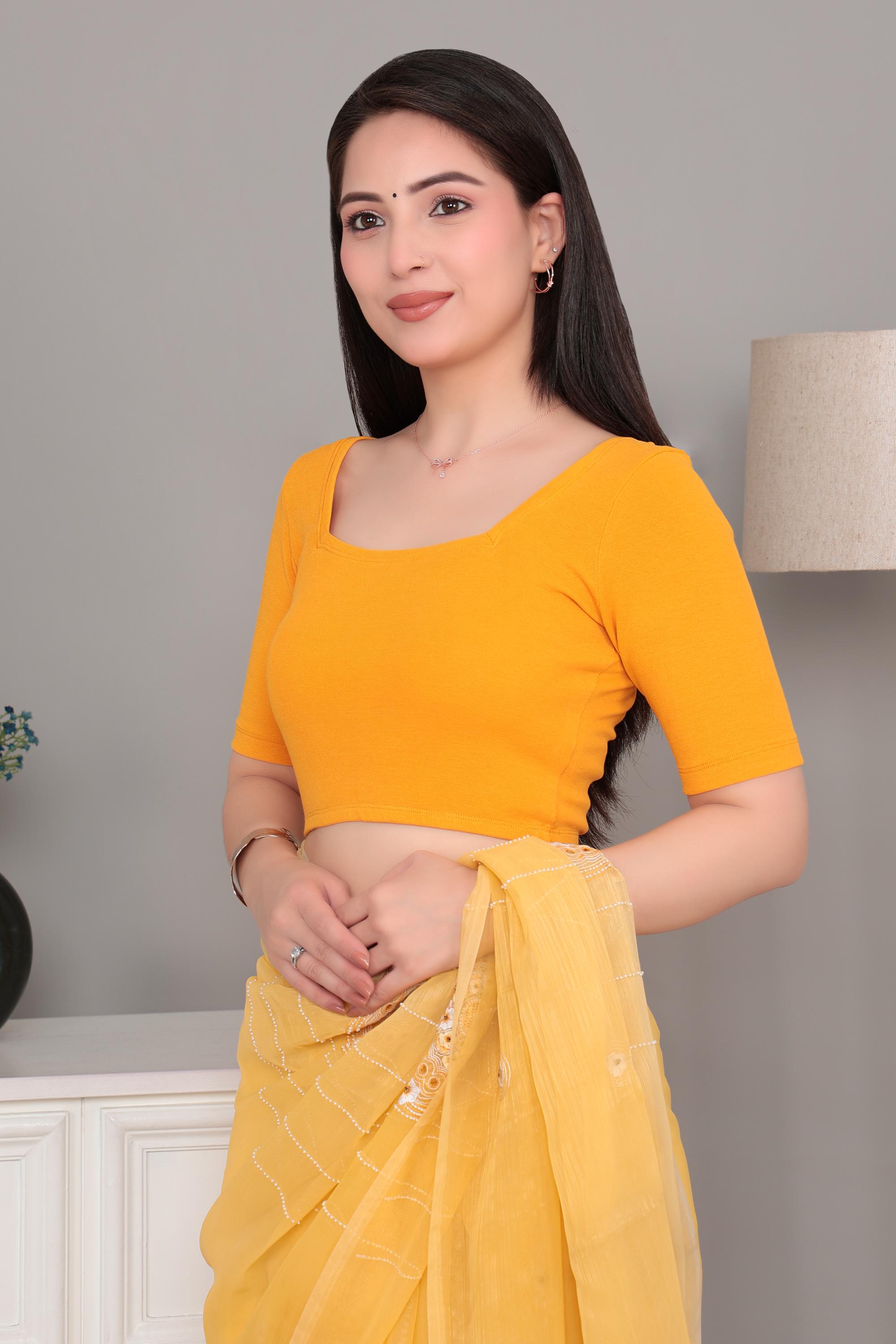 Mustard Rib Square Neck Half Sleeve Blouse [ 100% USA HQ Cotton, 280 GSM non transparent fabric ]