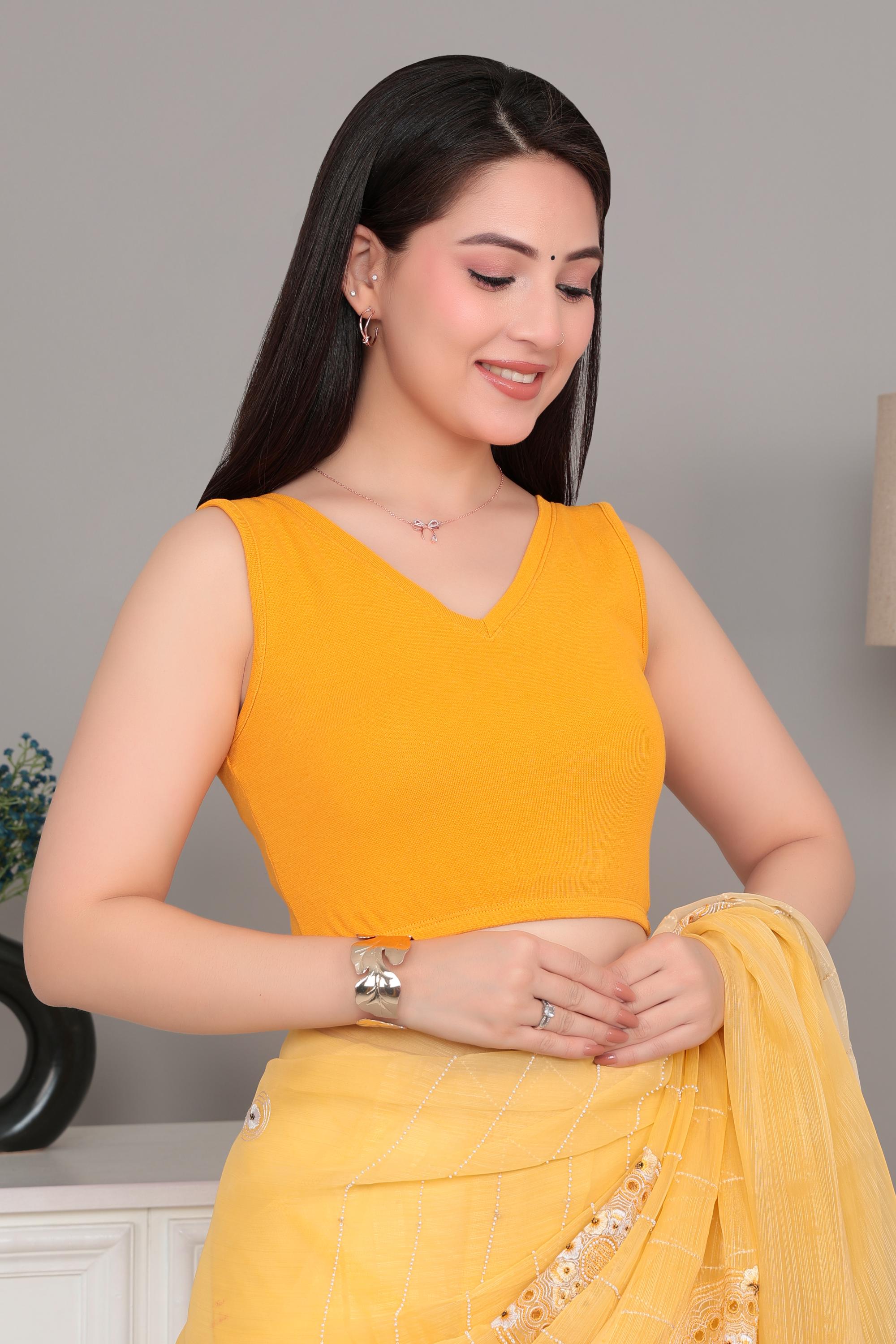 Mustard Rib V Neck Sleeveless Blouse [ 100% USA HQ Cotton, 280 GSM non transparent fabric ]