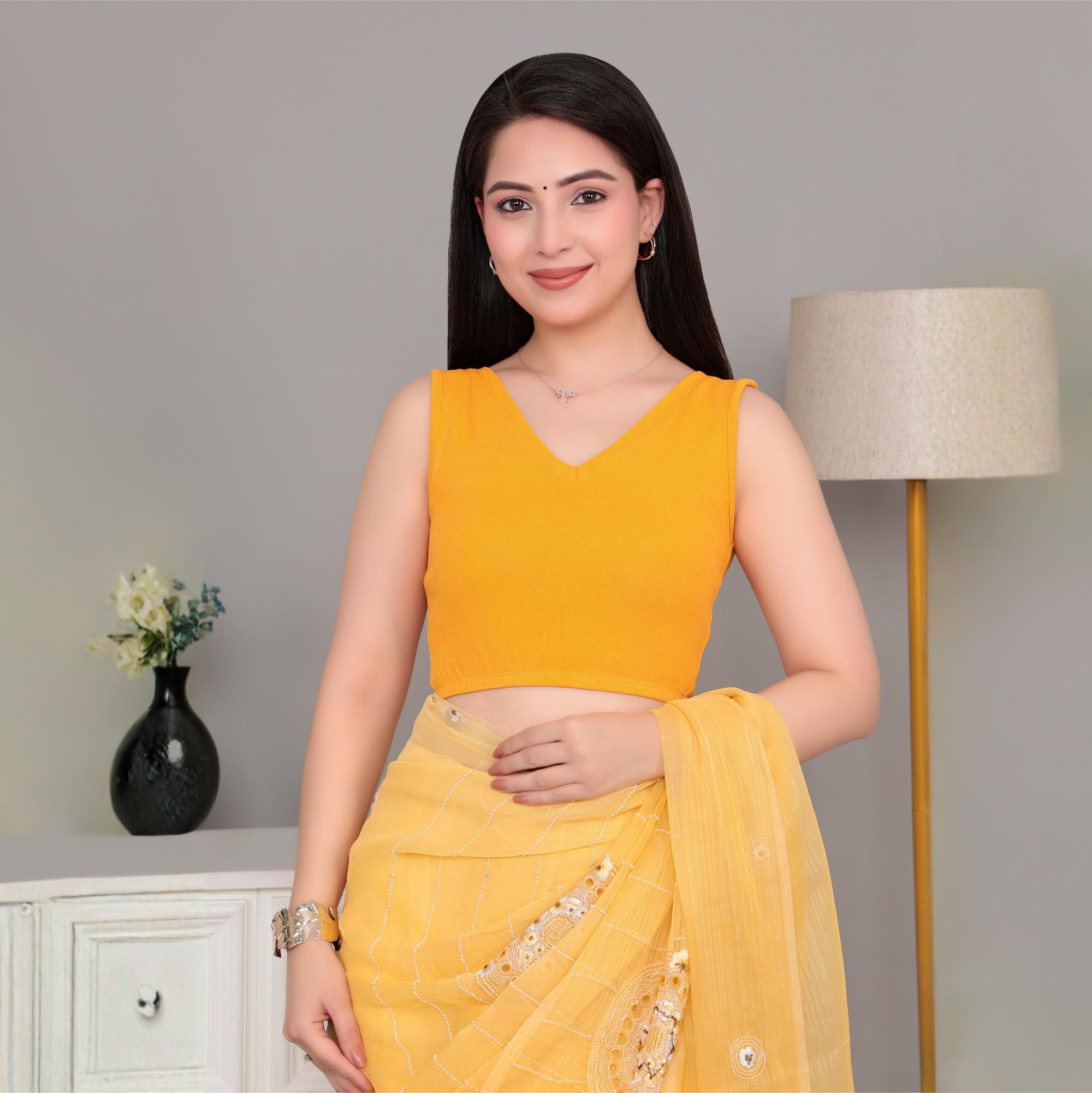 Mustard Rib V Neck Sleeveless Blouse [ 100% USA HQ Cotton, 280 GSM non transparent fabric ]