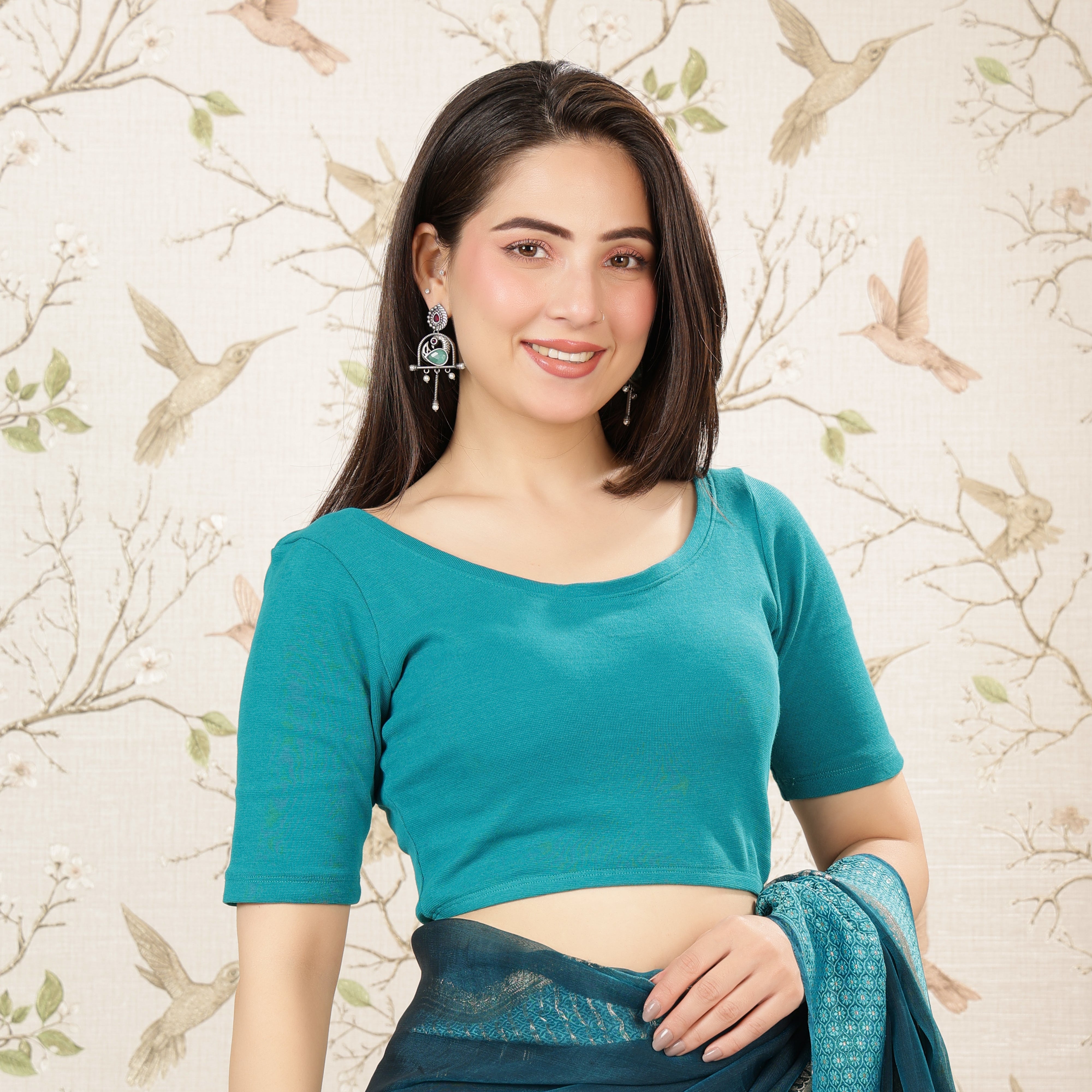 Rama Green Rib Roundneck Half Sleeve Blouse [ 100% USA HQ Cotton, 280 GSM non transparent fabric ]