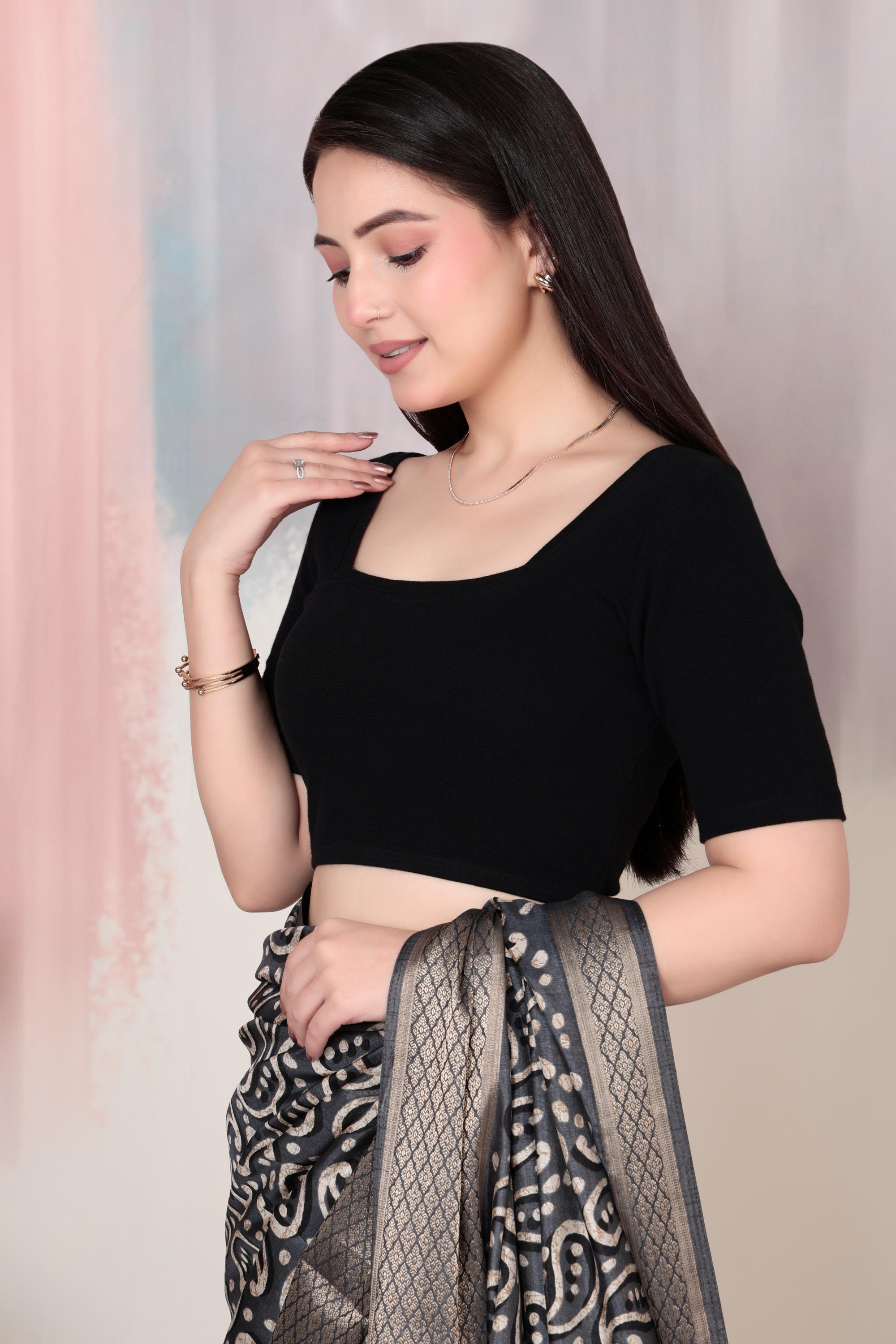 Black Rib Square Neck Half Sleeve Blouse [ 100% USA HQ Cotton, 280 GSM non transparent fabric ]