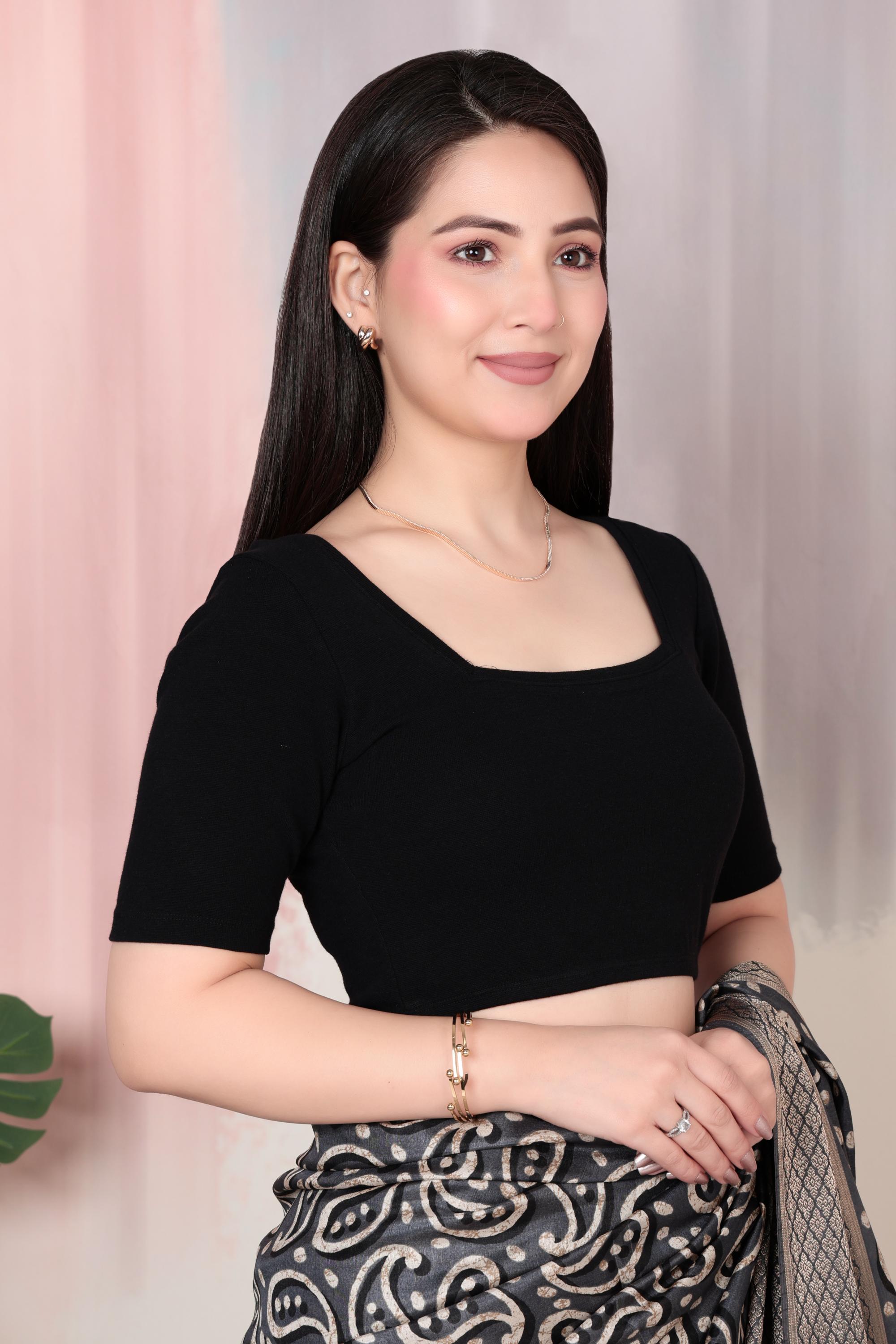 Black Rib Square Neck Half Sleeve Blouse [ 100% USA HQ Cotton, 280 GSM non transparent fabric ]