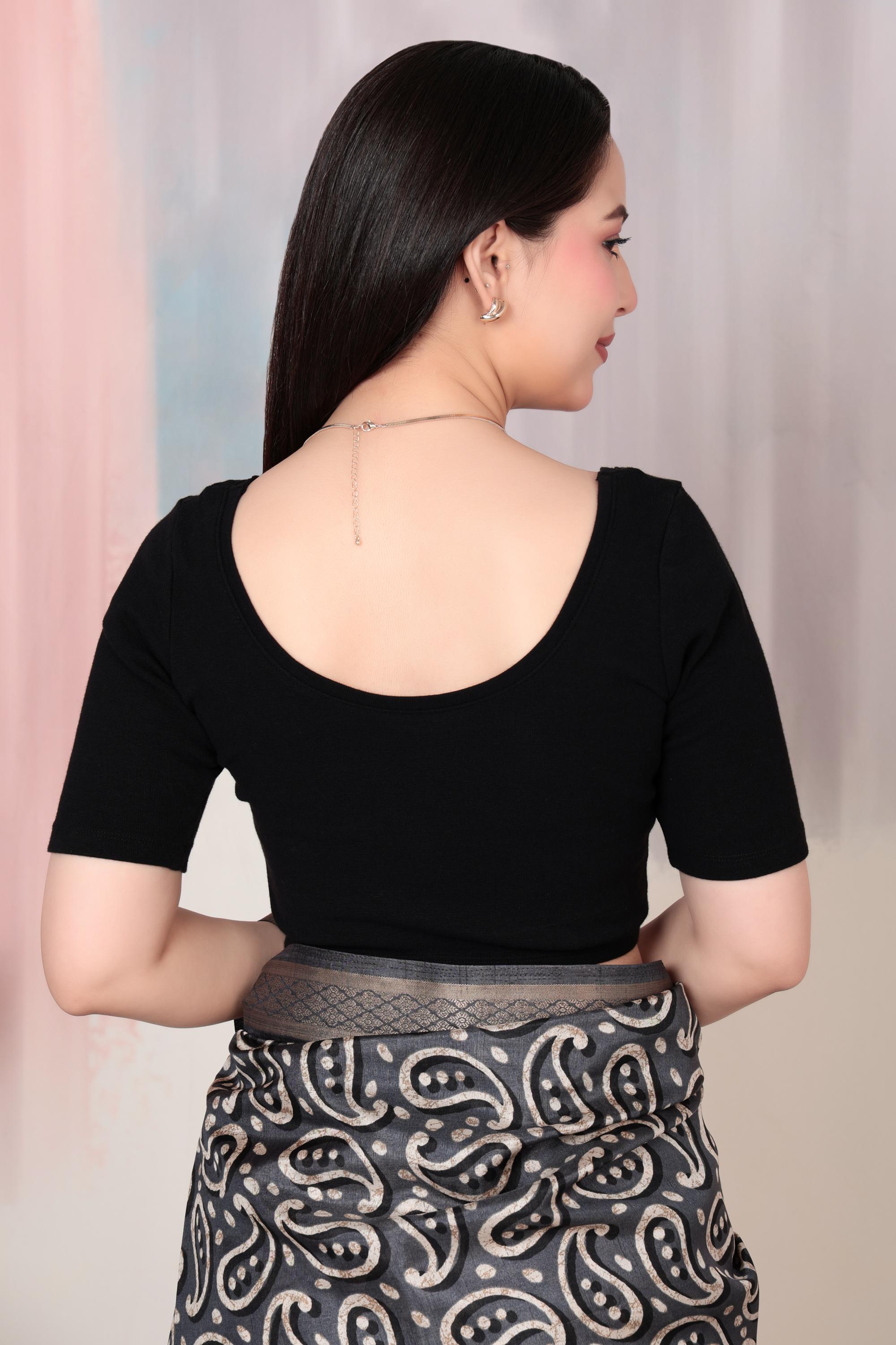 Black Rib Square Neck Half Sleeve Blouse [ 100% USA HQ Cotton, 280 GSM non transparent fabric ]