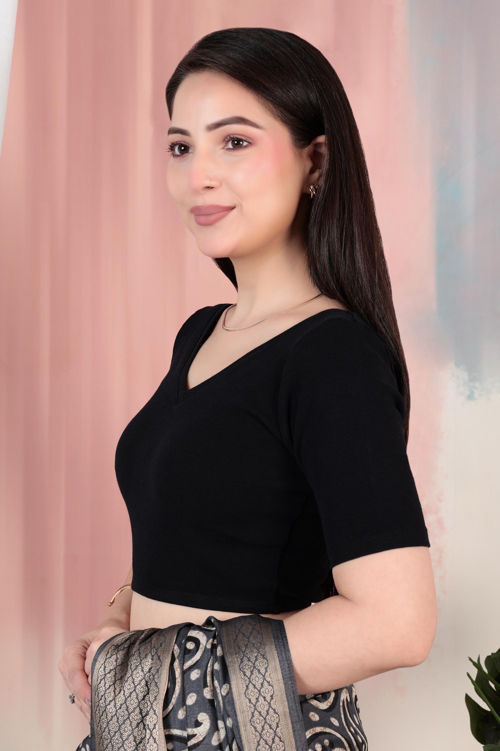 Black Rib V Neck Half Sleeve Blouse [ 100% USA HQ Cotton, 280 GSM non transparent fabric ]