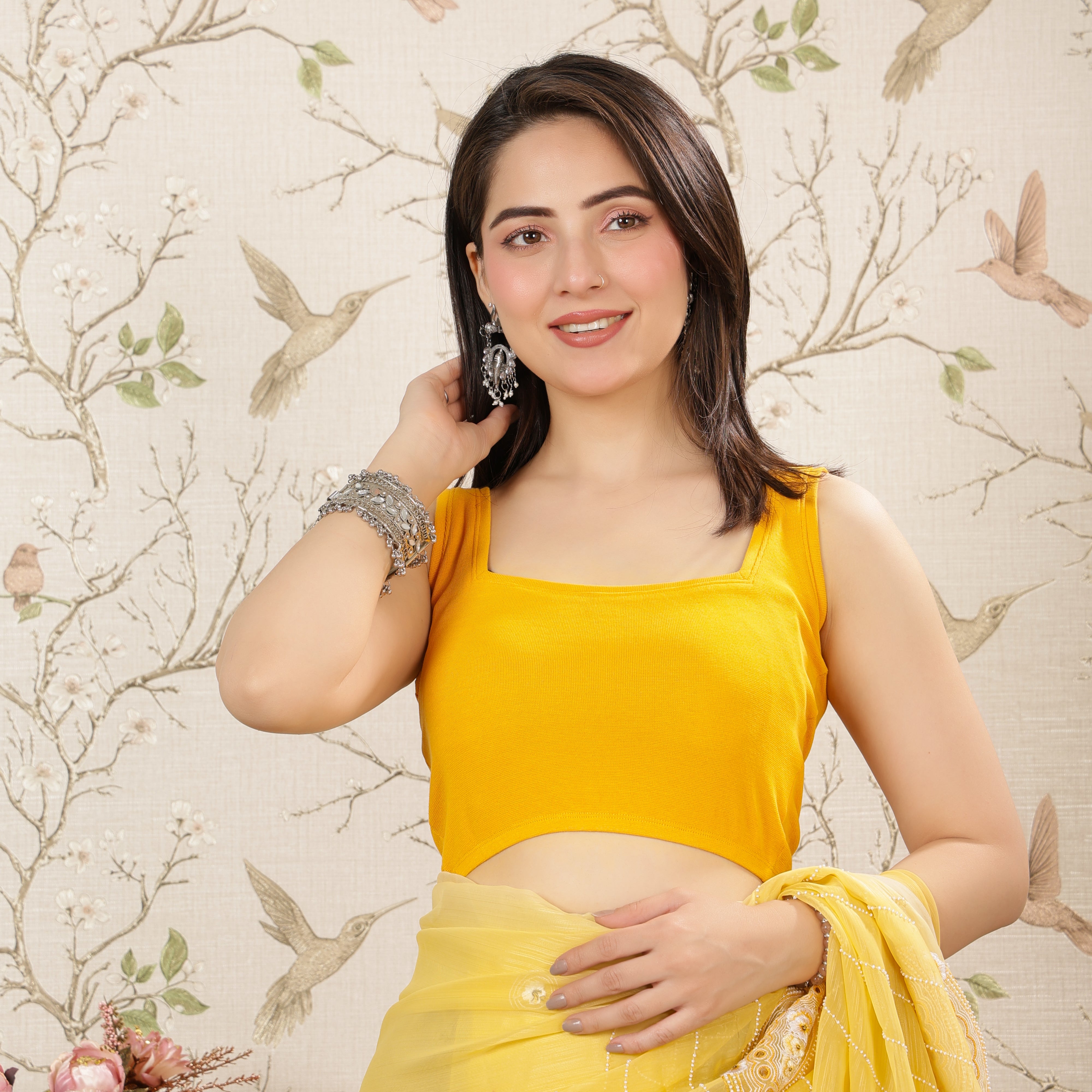Mustard Rib Square Neck Sleeveless Blouse [ 100% USA HQ Cotton, 280 GSM non transparent fabric ]