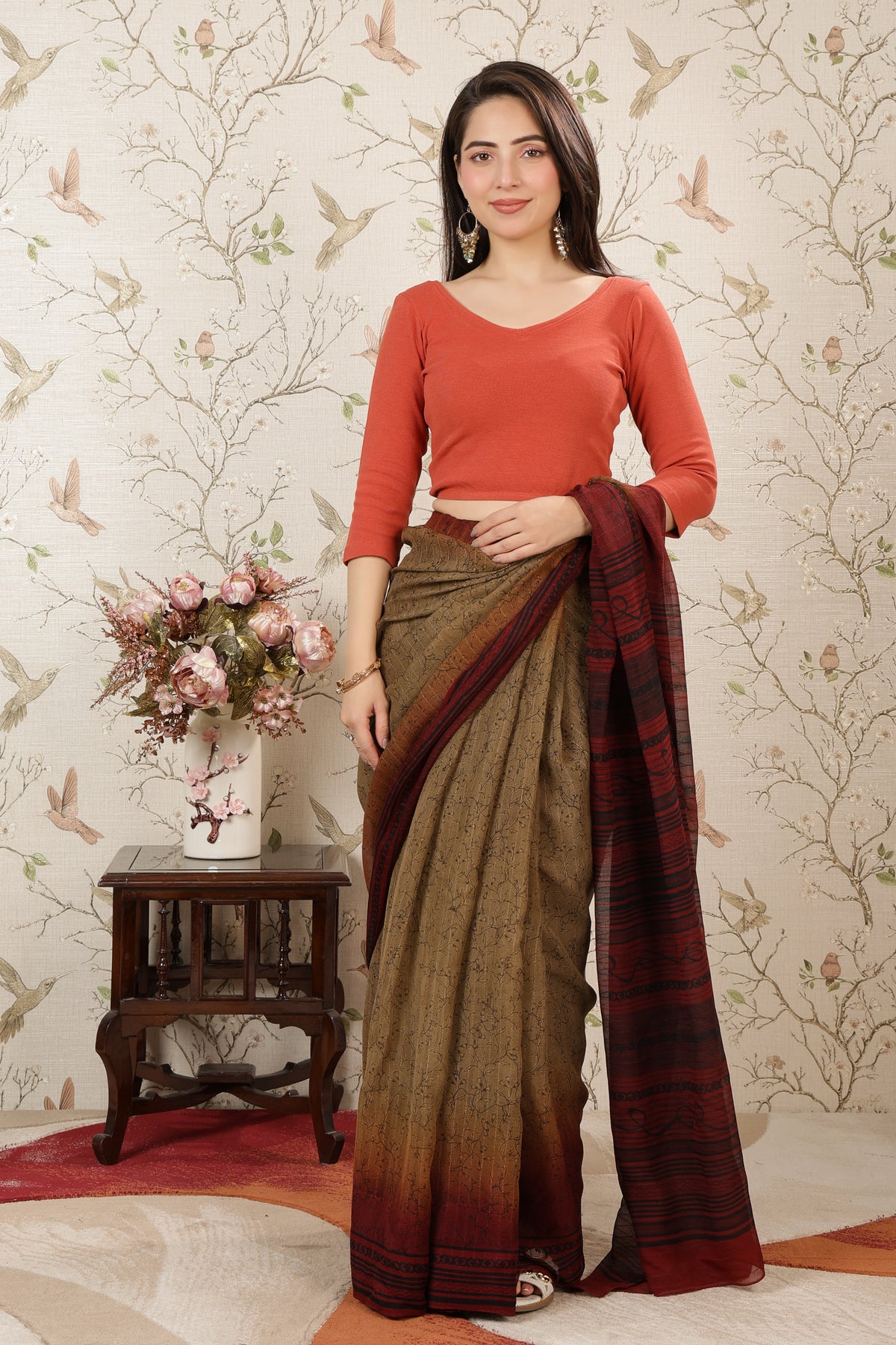 Rust Rib V Neck 3/4 Sleeve Blouse [ 100% USA HQ Cotton, 280 GSM non transparent fabric ]