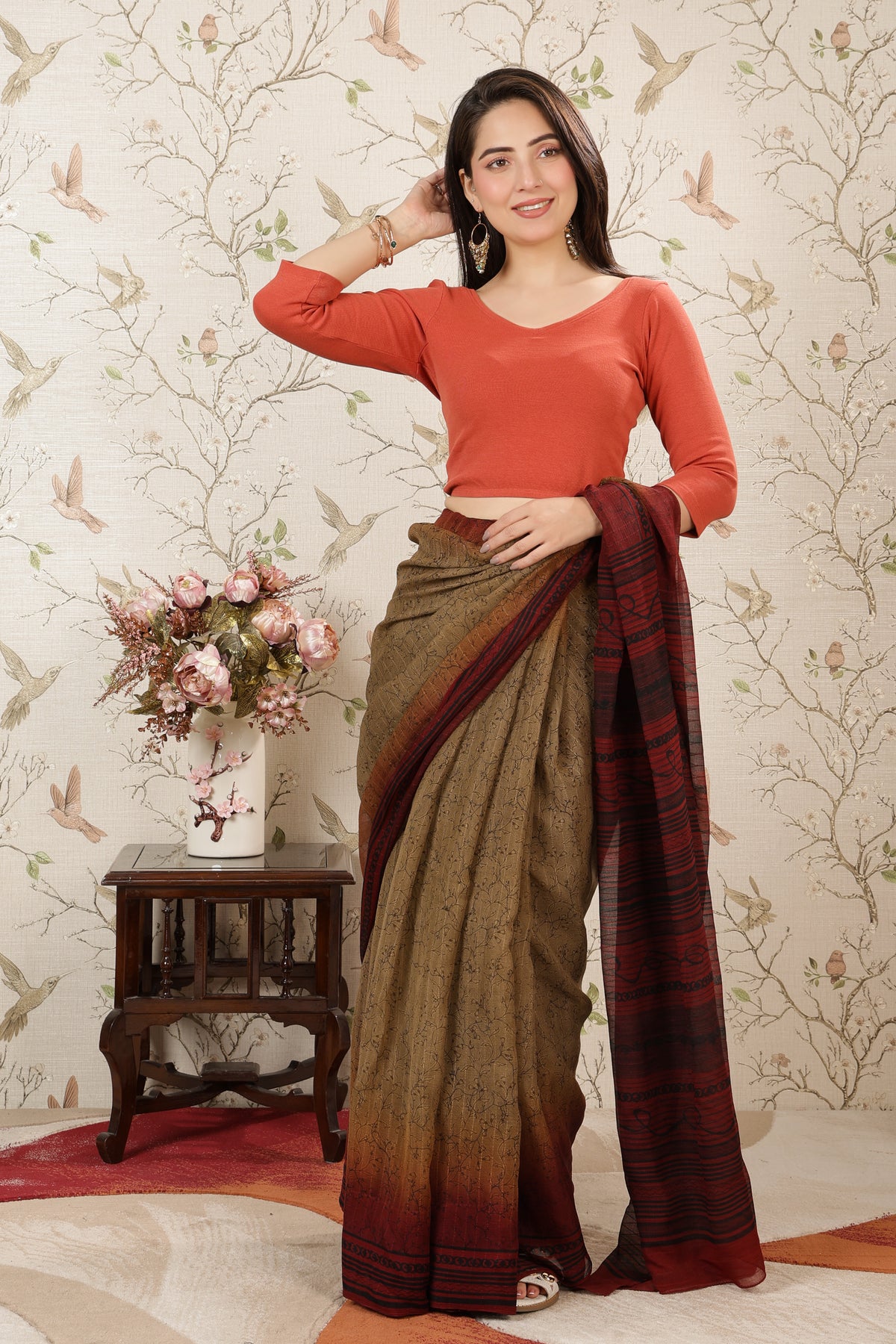 Rust Rib V Neck 3/4 Sleeve Blouse [ 100% USA HQ Cotton, 280 GSM non transparent fabric ]