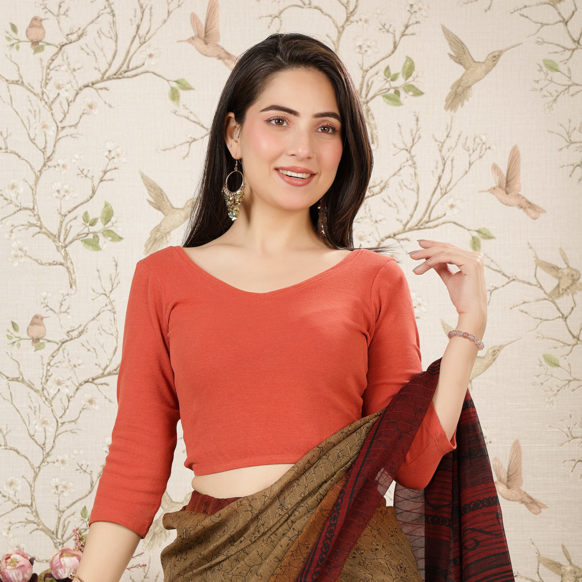 Rust Rib V Neck 3/4 Sleeve Blouse [ 100% USA HQ Cotton, 280 GSM non transparent fabric ]
