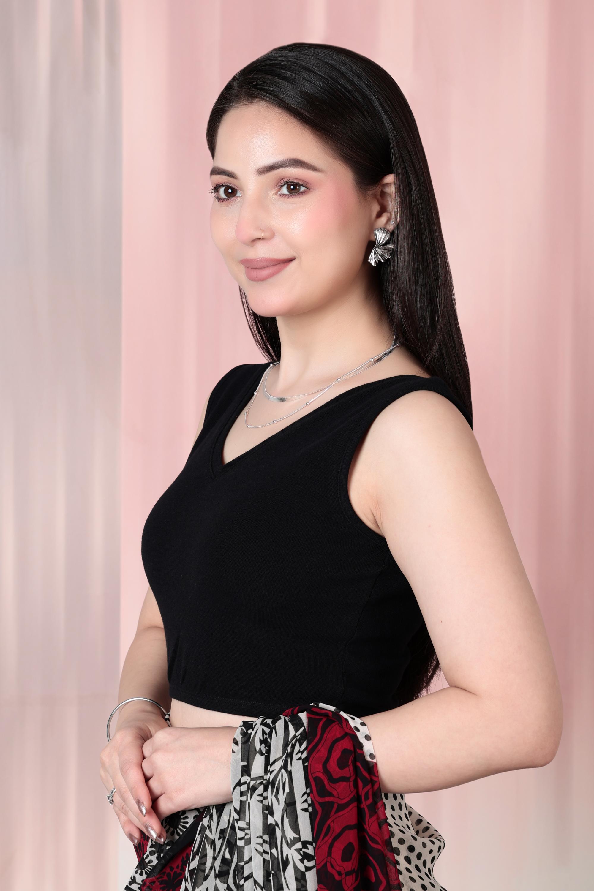 Black Rib V Neck Sleeveless Blouse [ 100% USA HQ Cotton, 280 GSM non transparent fabric ]