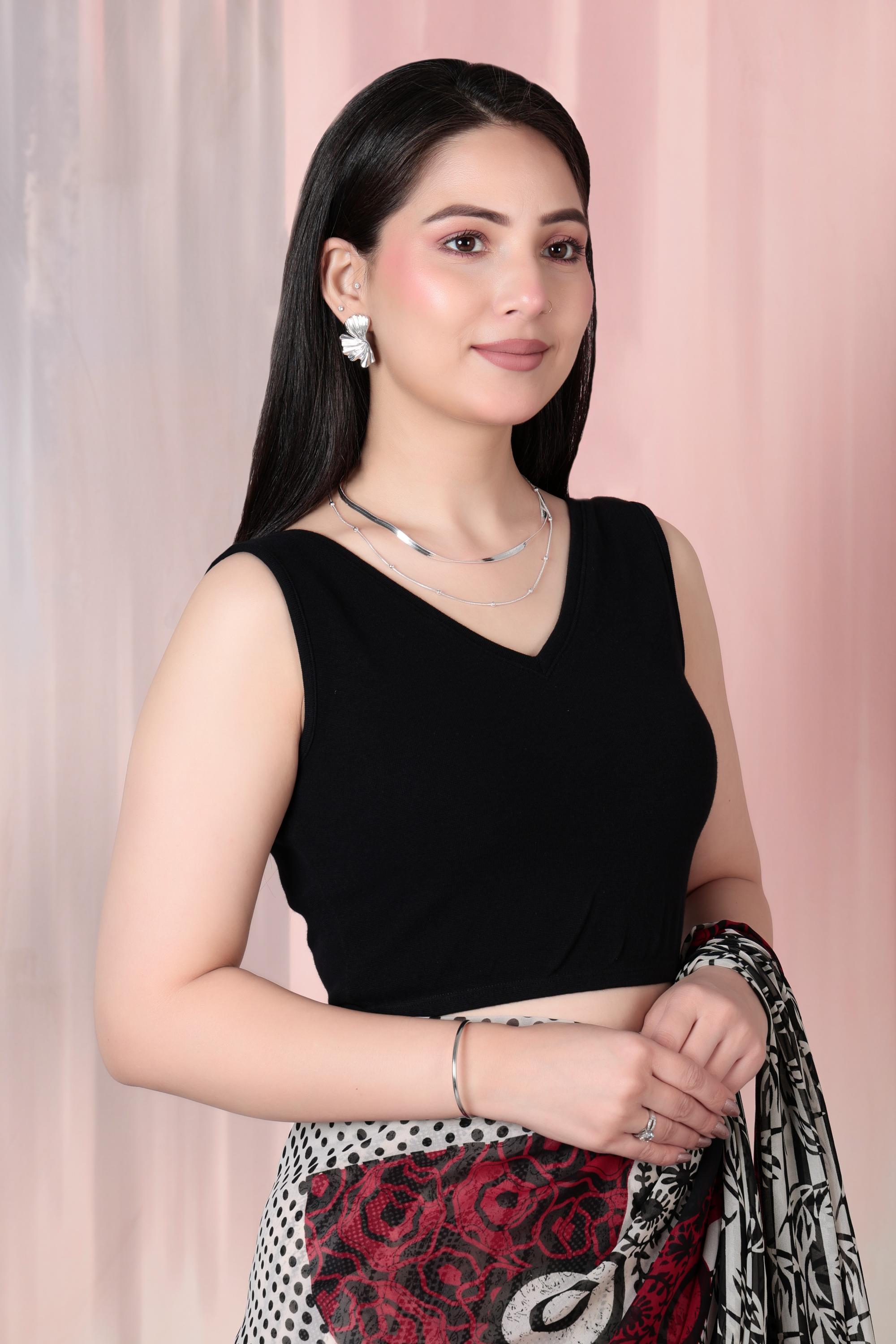 Black Rib V Neck Sleeveless Blouse [ 100% USA HQ Cotton, 280 GSM non transparent fabric ]