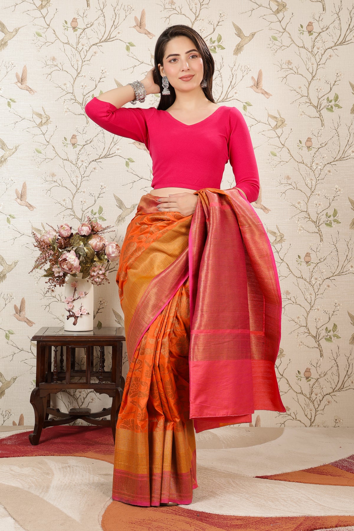 Fuchsia Rib V Neck 3/4 Sleeve Blouse [ 100% USA HQ Cotton, 280 GSM non transparent fabric ]