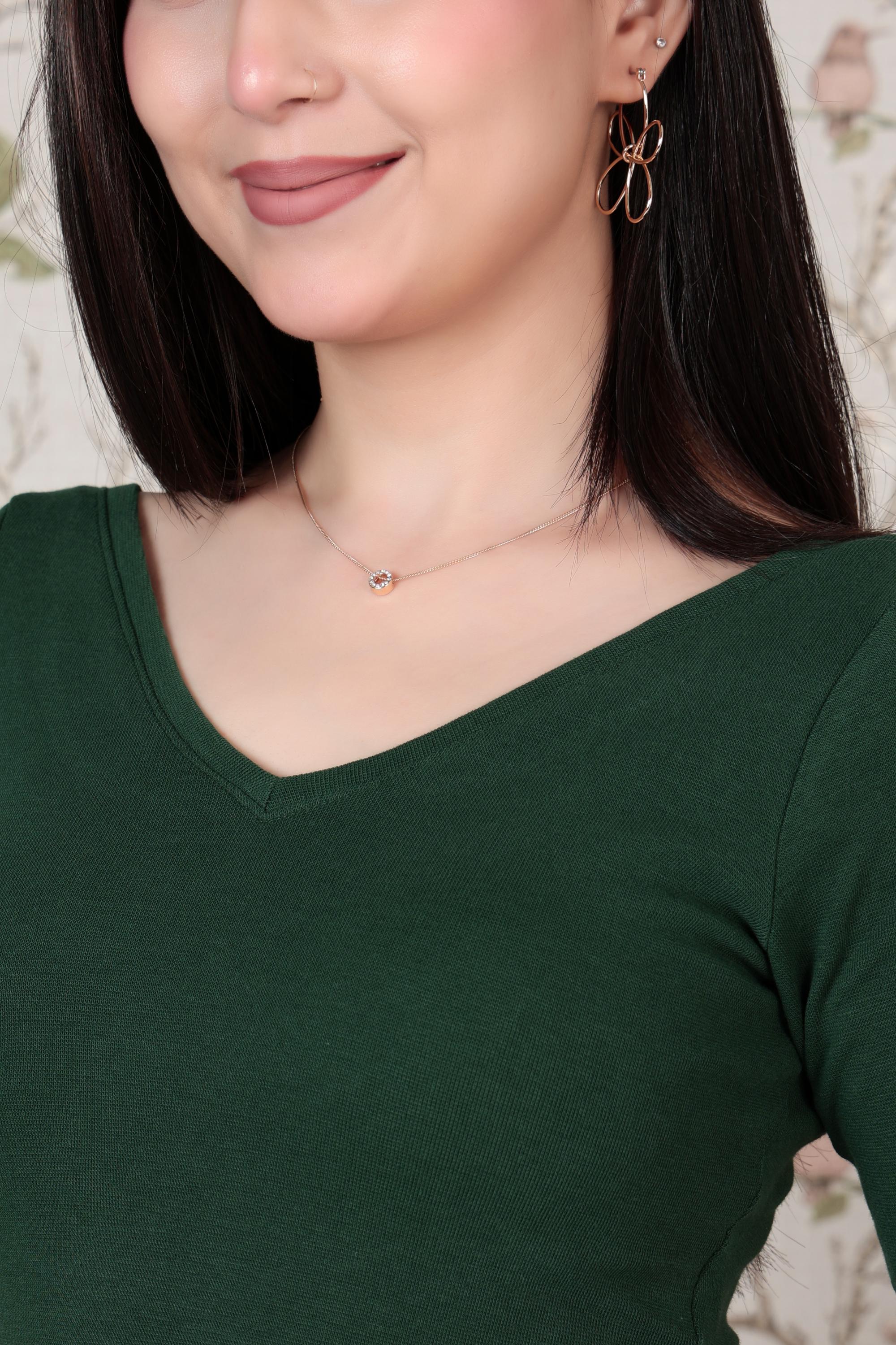 Bottle green Rib V Neck Half Sleeve Blouse [ 100% USA HQ Cotton, 280 GSM non transparent fabric ]