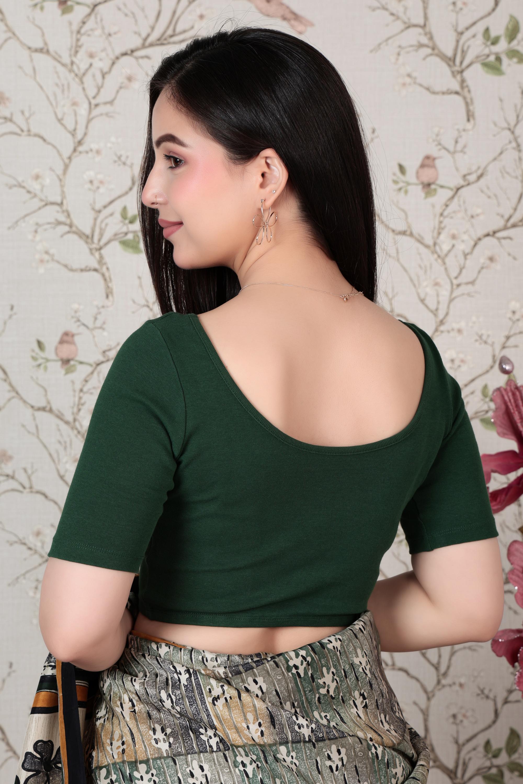 Bottle green Rib V Neck Half Sleeve Blouse [ 100% USA HQ Cotton, 280 GSM non transparent fabric ]