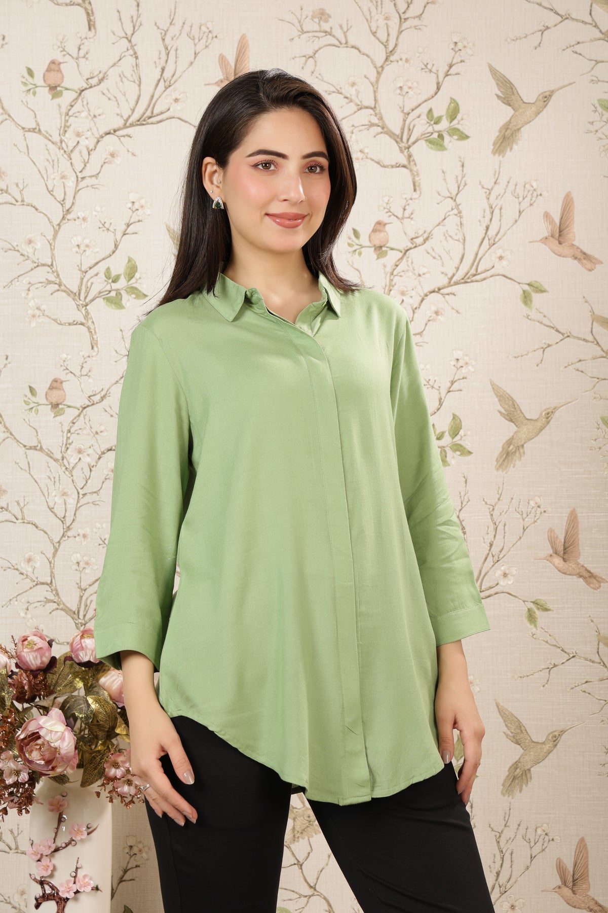 Pista green long hemline shirt [ 100% Rayon, Liva Certified ]