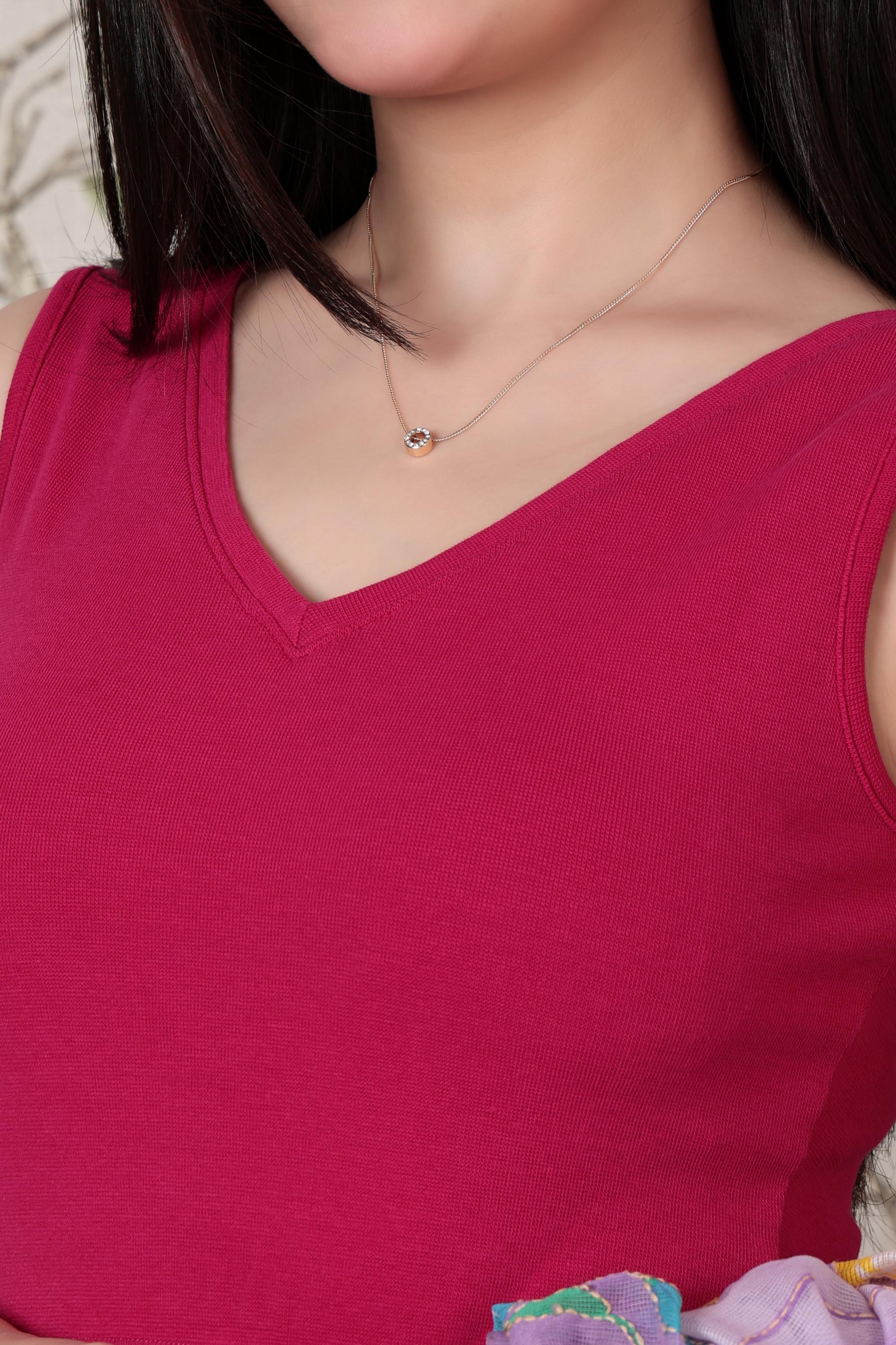 Fuchsia Rib V Neck Sleeveless Blouse [ 100% USA HQ Cotton, 280 GSM non transparent fabric ]