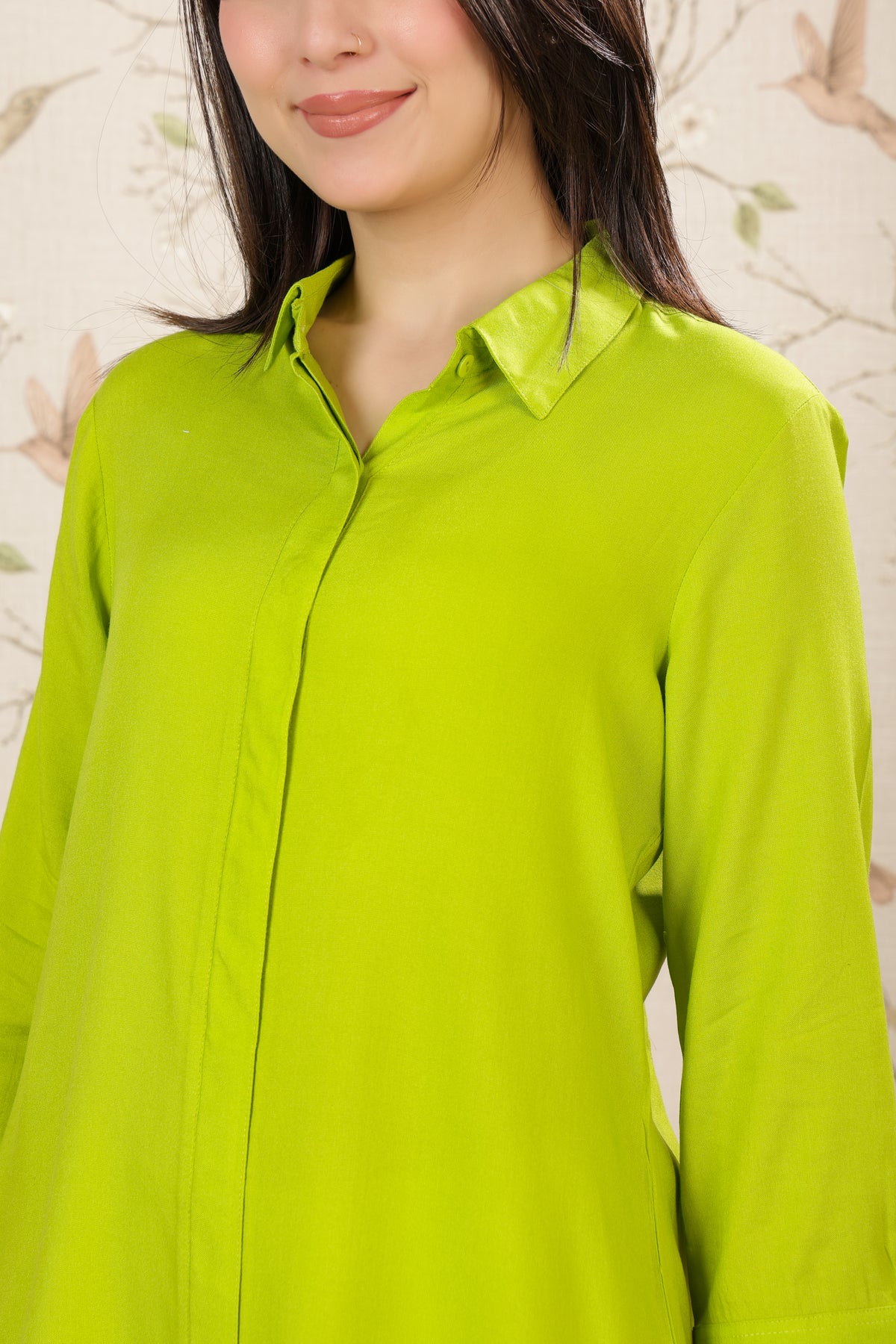 Parrot green long hemline shirt [ 100% Rayon, Liva Certified ]