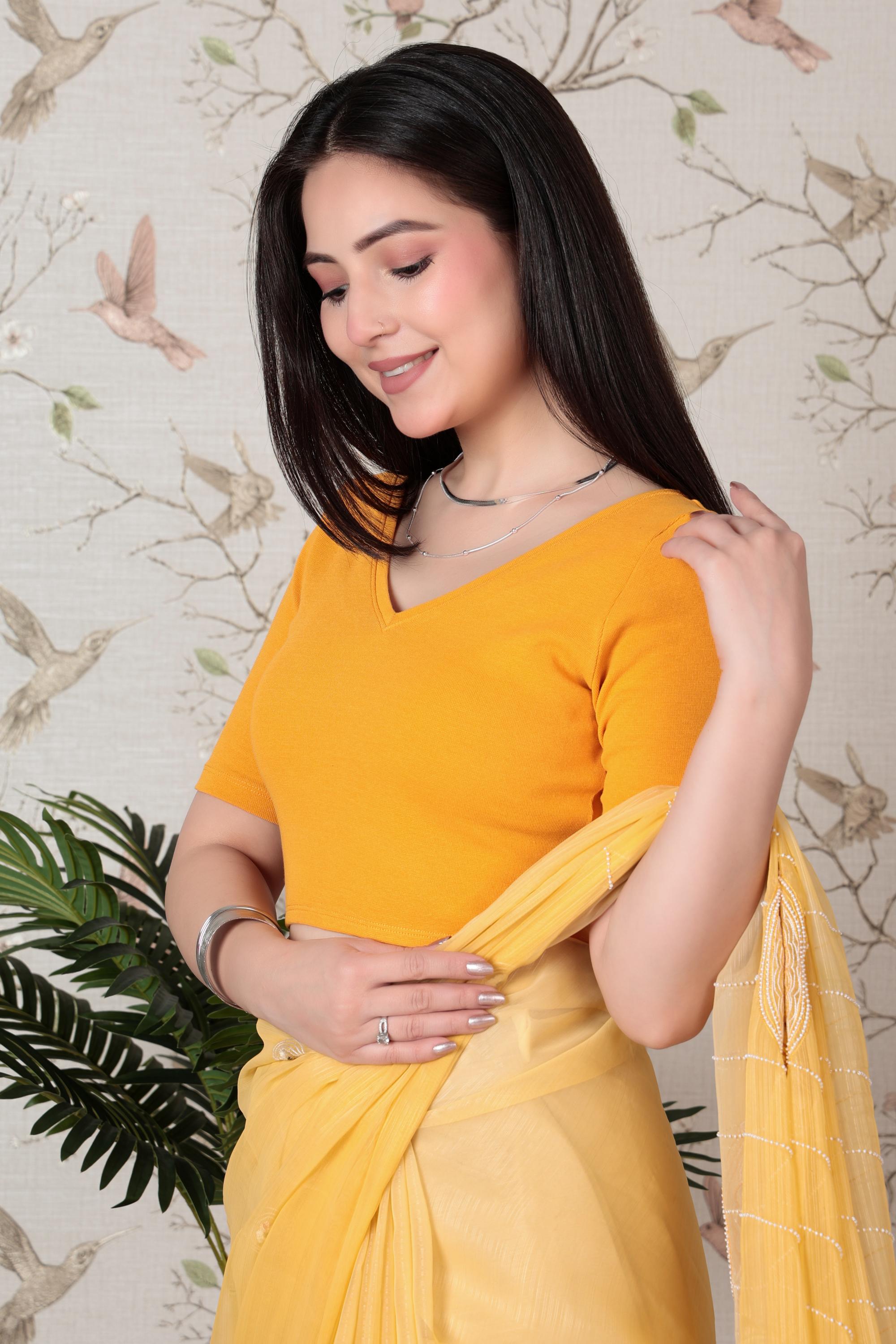 Mustard Rib V Neck Half Sleeve Blouse [ 100% USA HQ Cotton, 280 GSM non transparent fabric ]