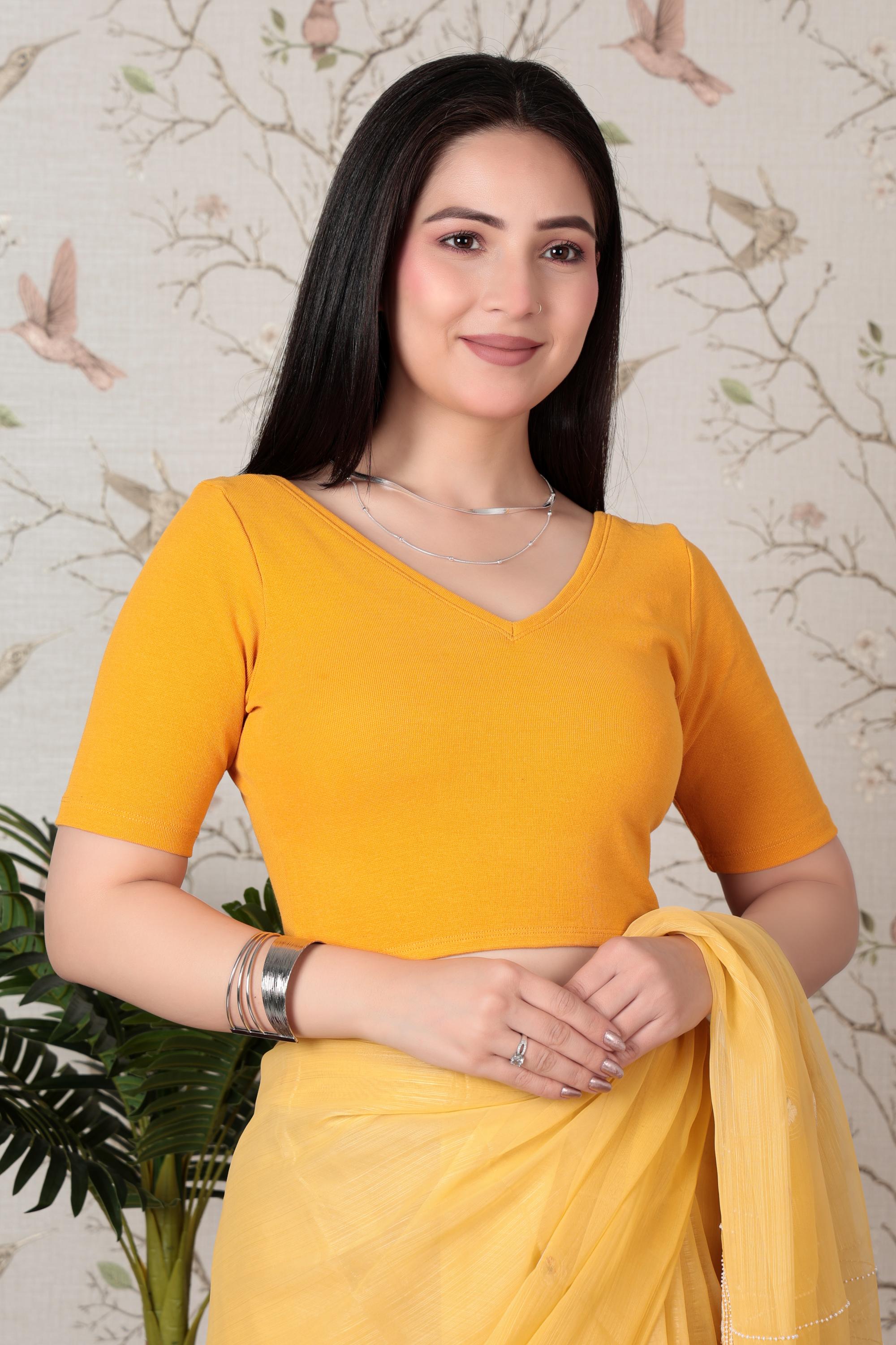 Mustard Rib V Neck Half Sleeve Blouse [ 100% USA HQ Cotton, 280 GSM non transparent fabric ]
