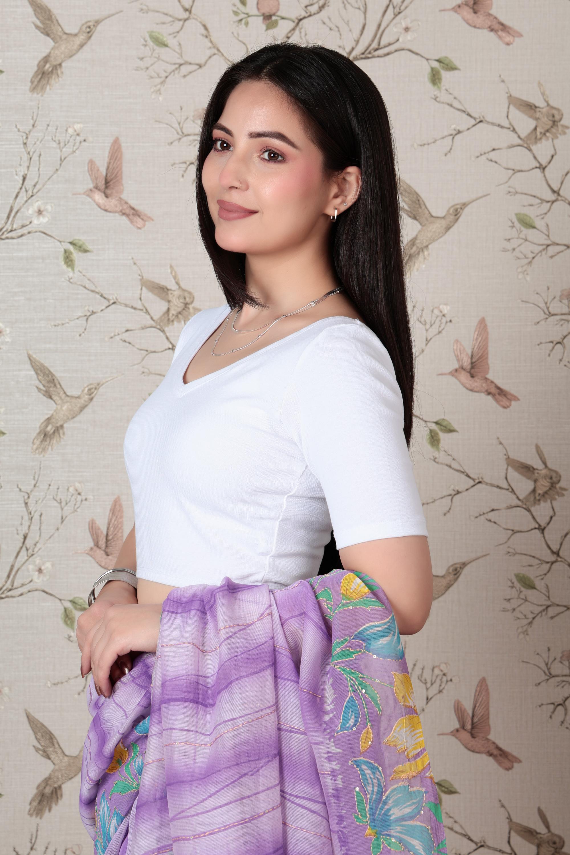 White Rib V Neck Half Sleeve Blouse [ 100% USA HQ Cotton, 280 GSM non transparent fabric ]